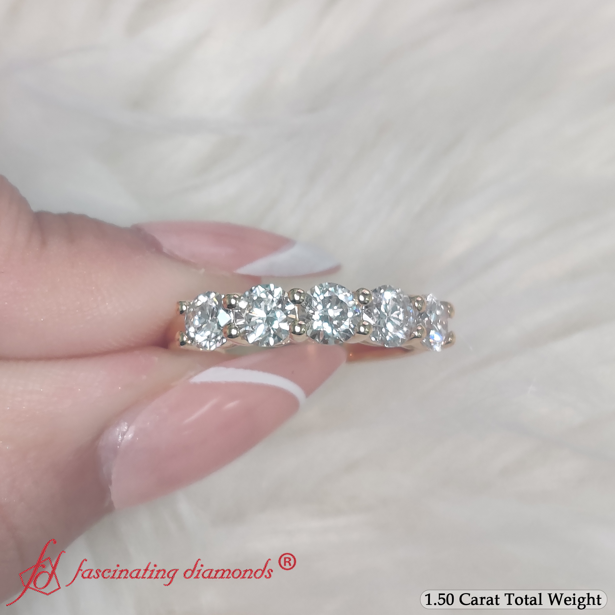 1.50 Carat Round Cut Five Stone Diamond Band with 14K Yellow Gold White Diamond