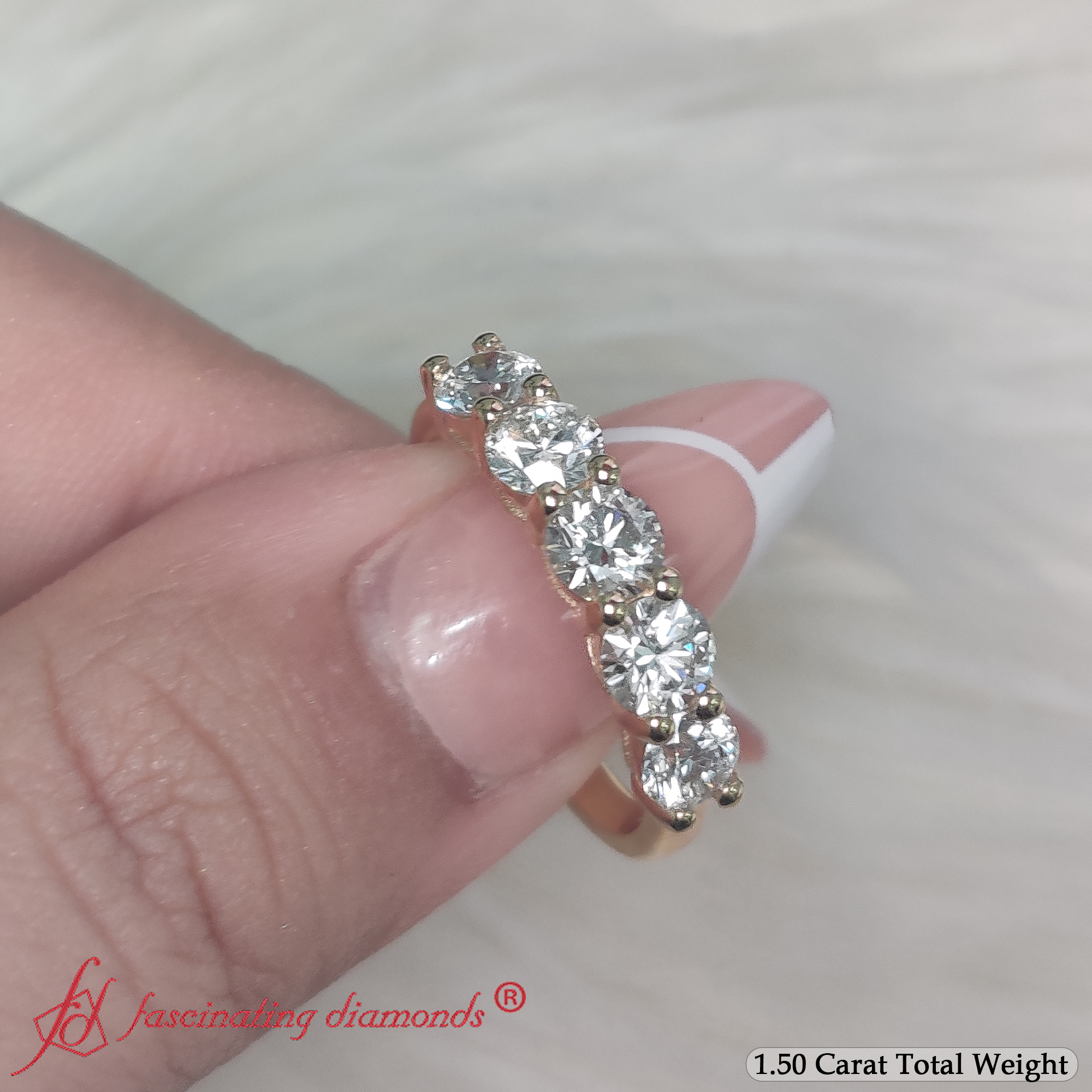 1.50 Carat Round Cut Five Stone Diamond Band with 14K Yellow Gold White Diamond