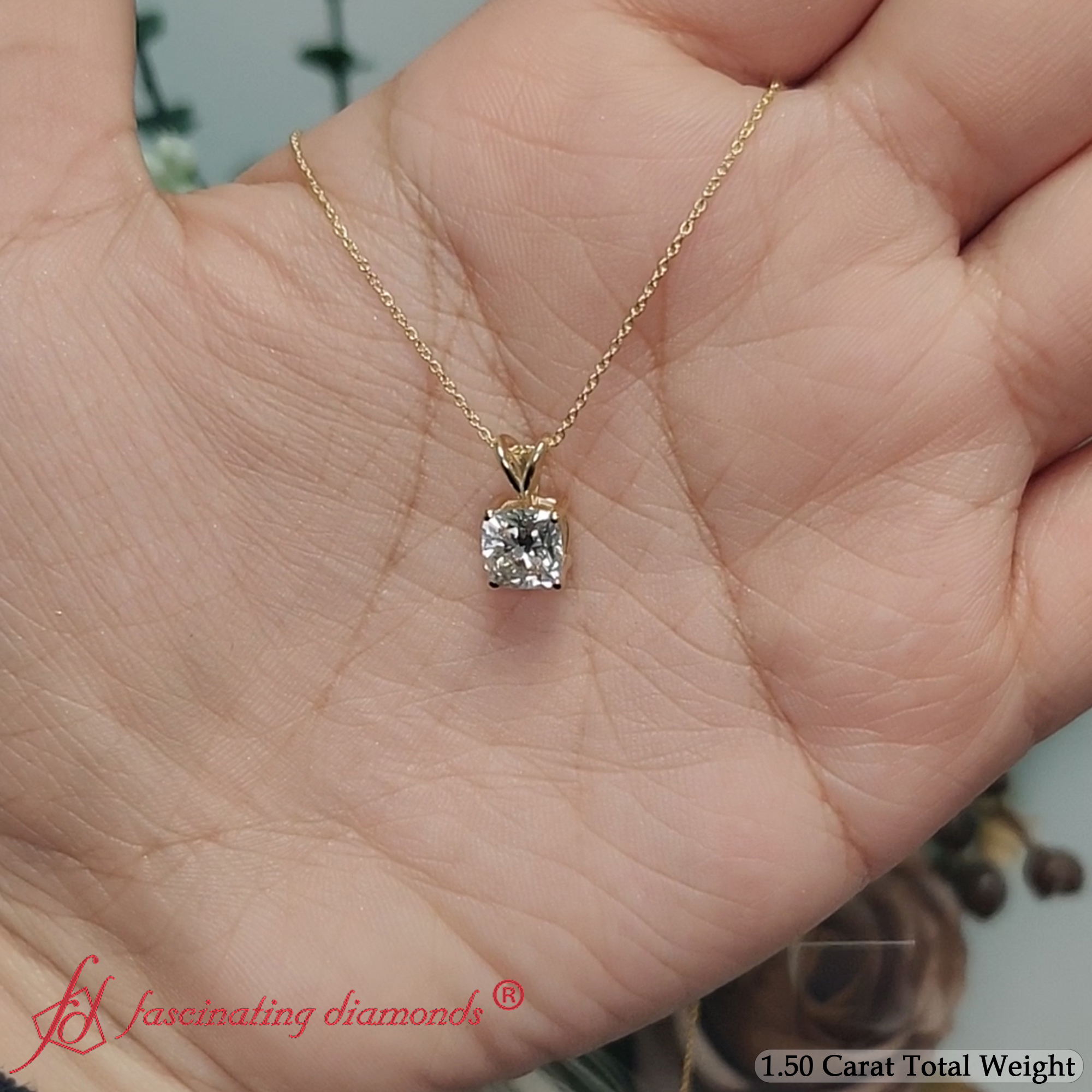 1.50 Ct. Single Diamond Cushion Pendant with 14K Yellow Gold White Diamond