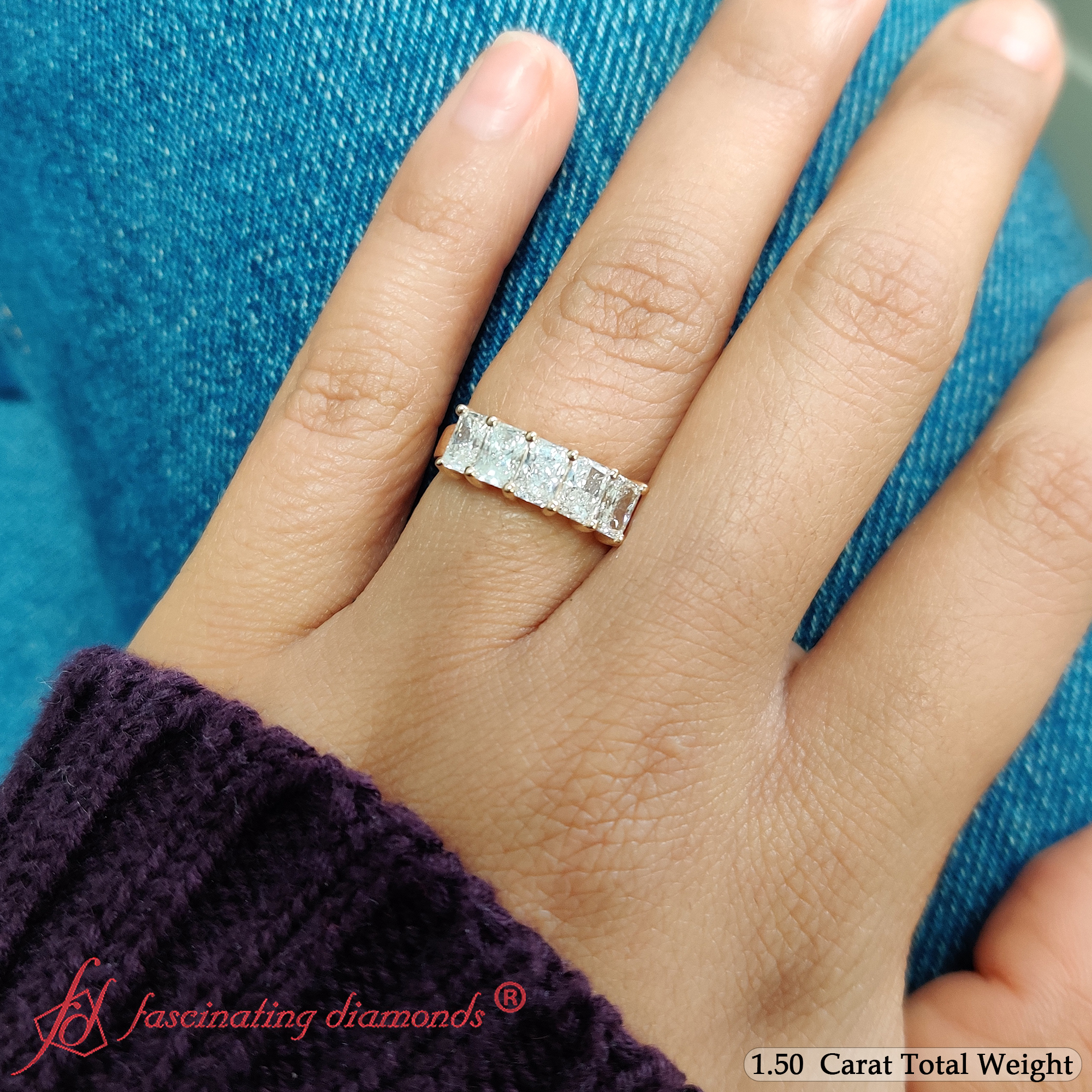 Radiant Wedding Band 5 Stone with 14K Yellow Gold White Diamond