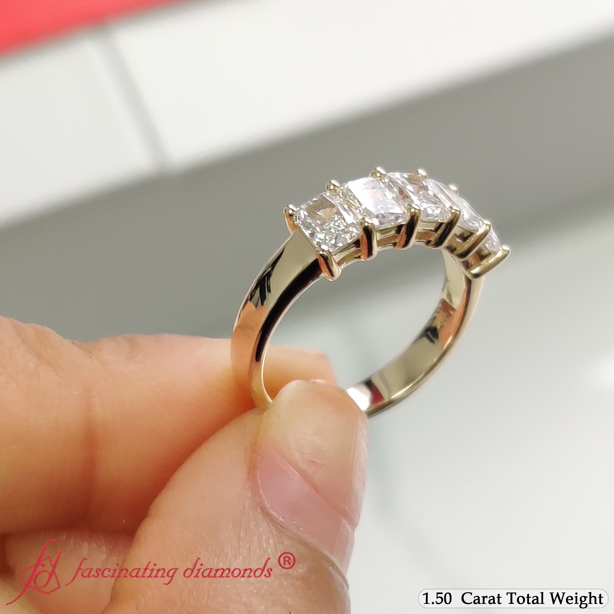 Radiant Wedding Band 5 Stone with 14K Yellow Gold White Diamond