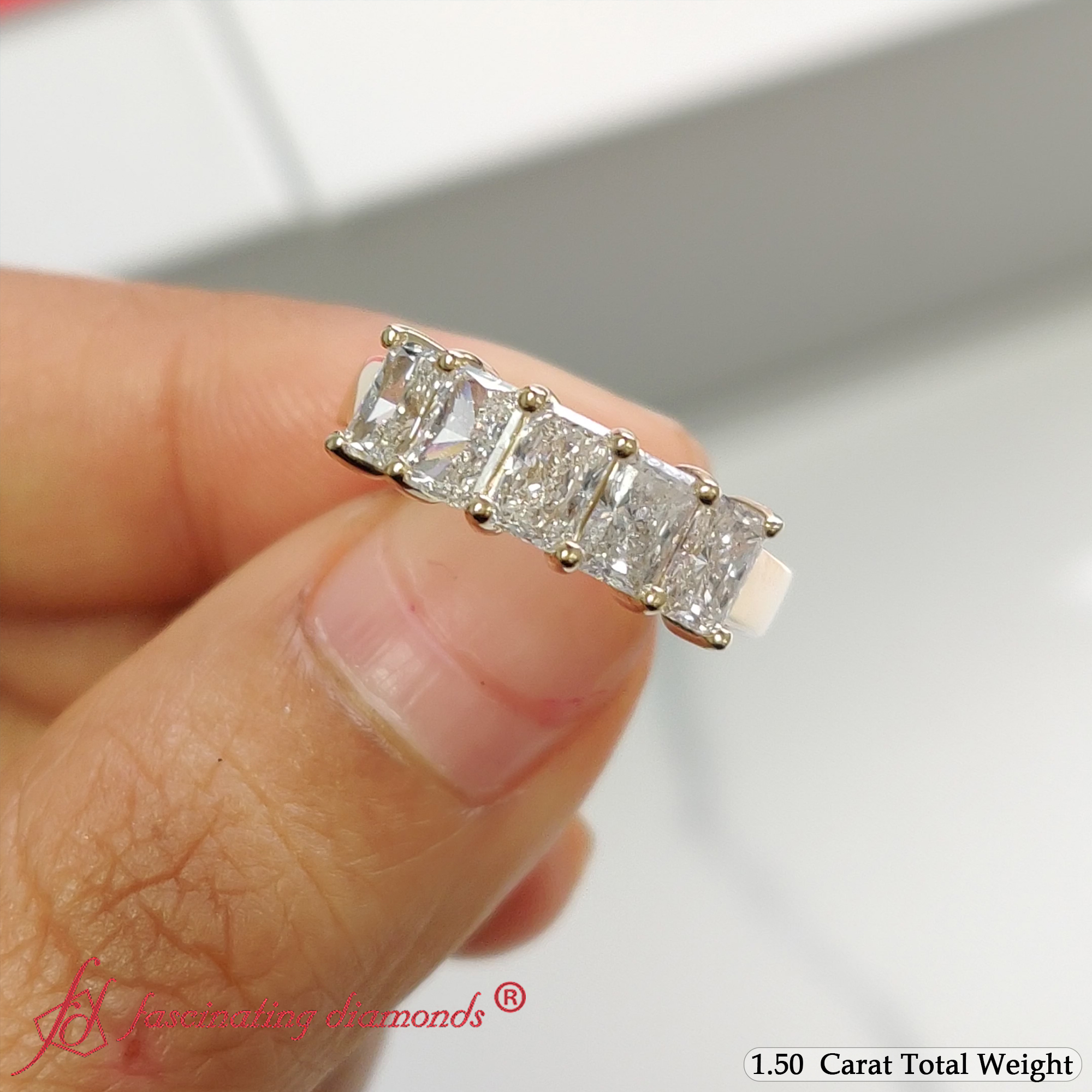 Radiant Wedding Band 5 Stone with 14K Yellow Gold White Diamond