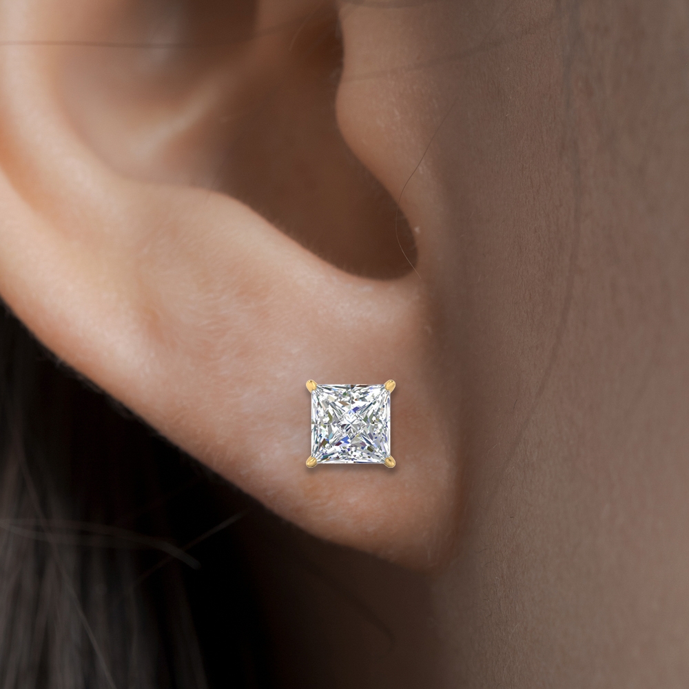 2 Carat Basket Stud Earring Diamond Princess Cut with 14K Yellow Gold White Diamond