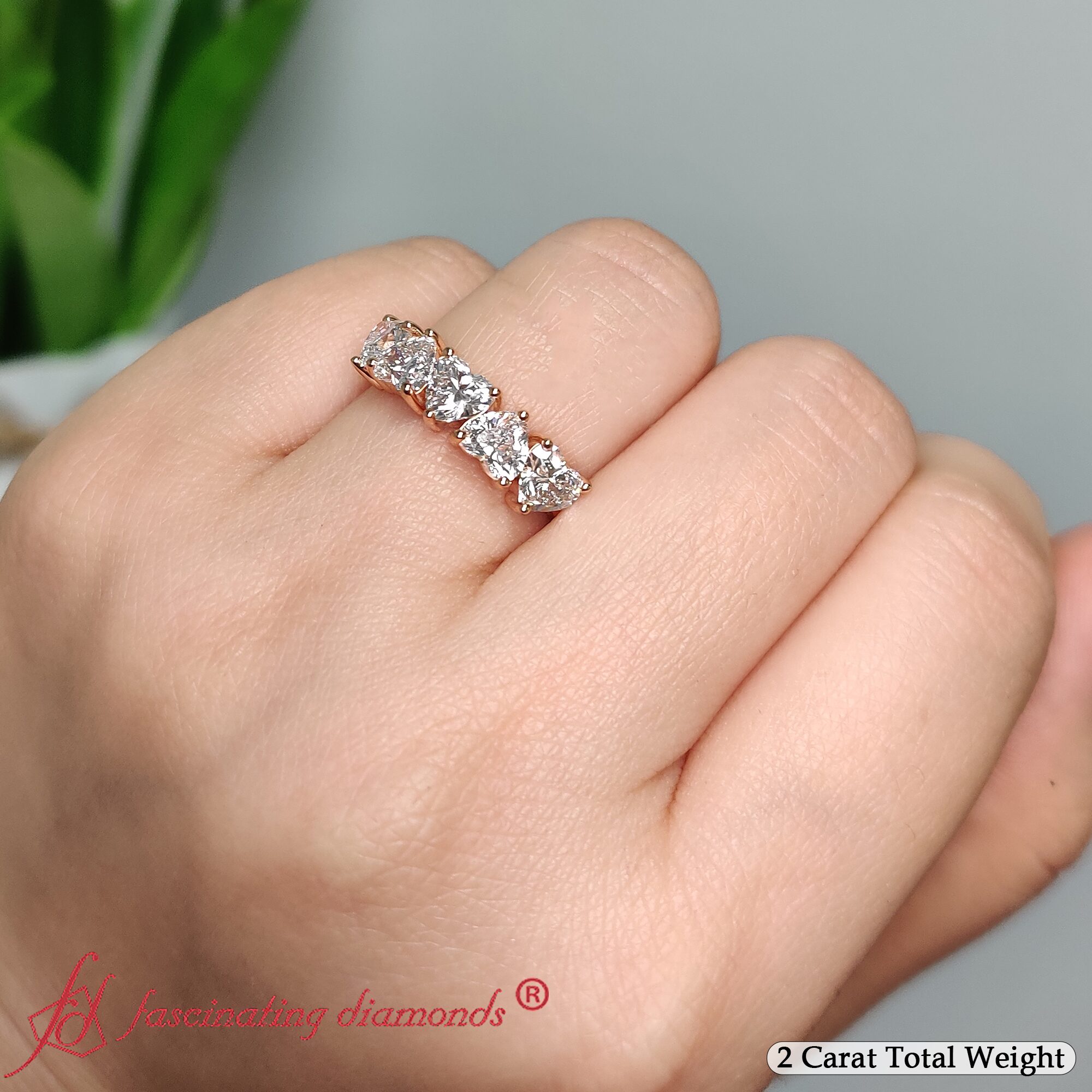 2 Carat Heart Shape Diamond Band with 14K Rose Gold White Diamond