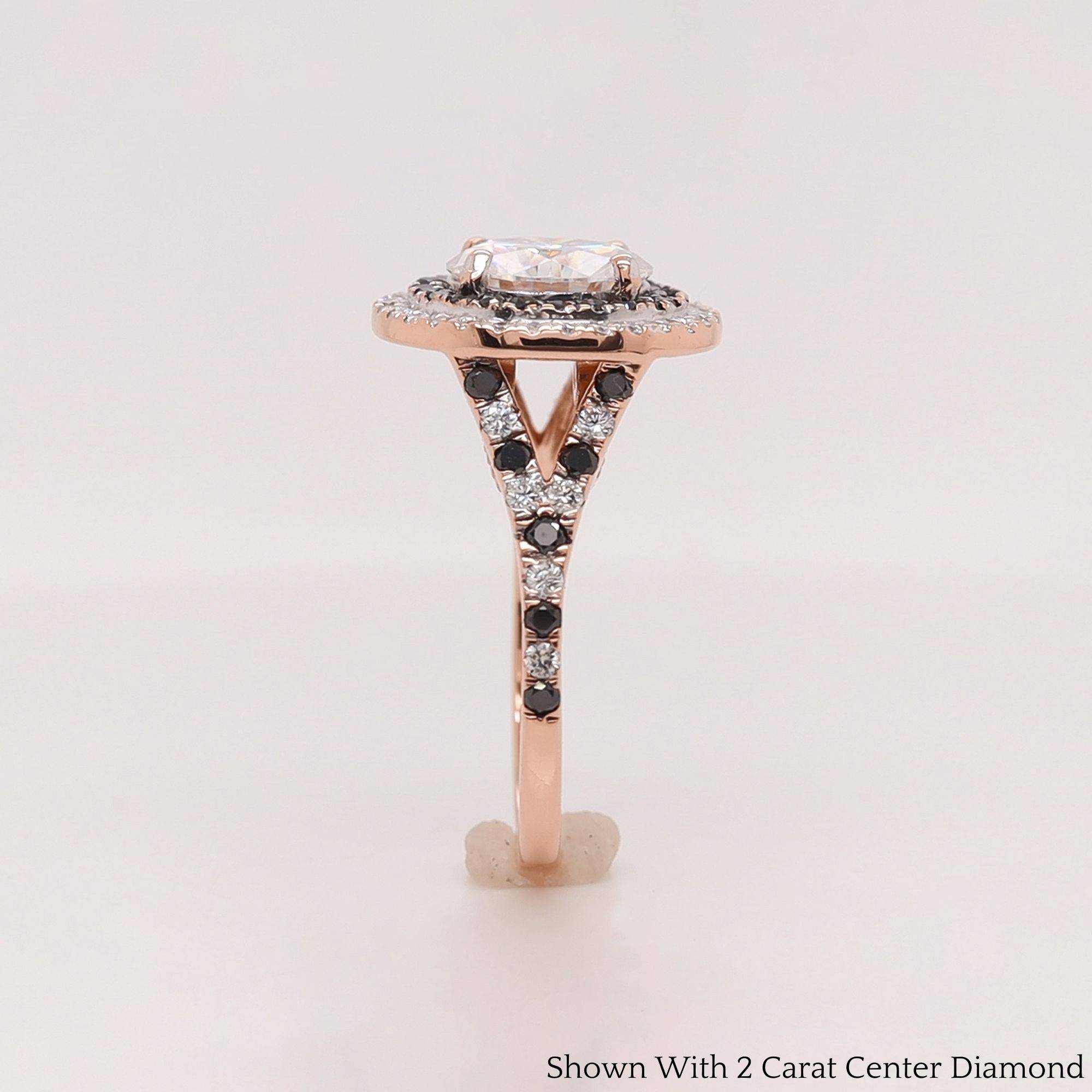 Round Lab Diamond Double Halo Ring with 14K Yellow Gold Black Diamond