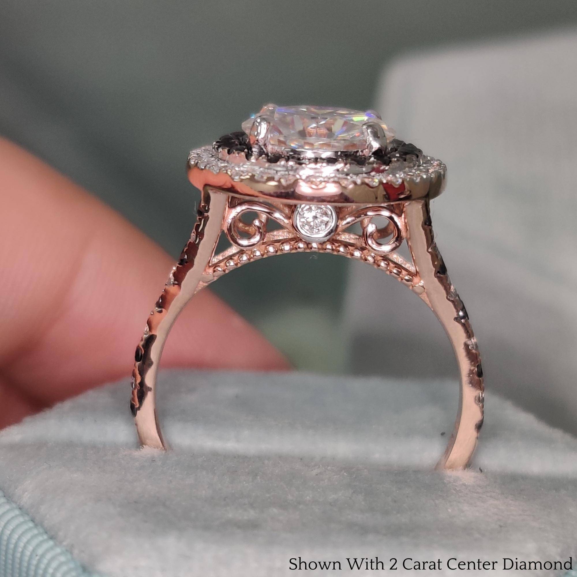 Round Lab Diamond Double Halo Ring with 14K Yellow Gold Black Diamond