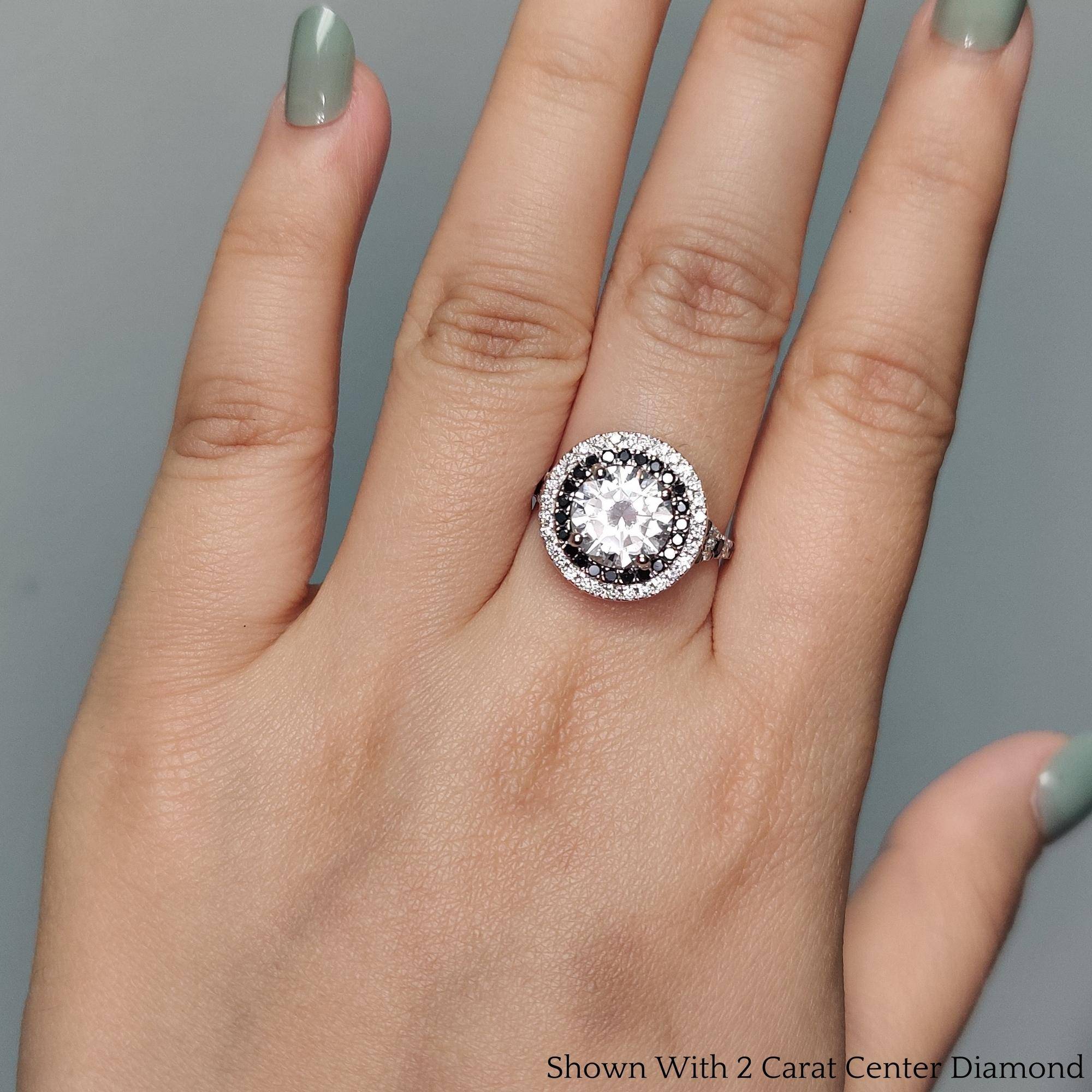 Round Lab Diamond Double Halo Ring with 14K Yellow Gold Black Diamond
