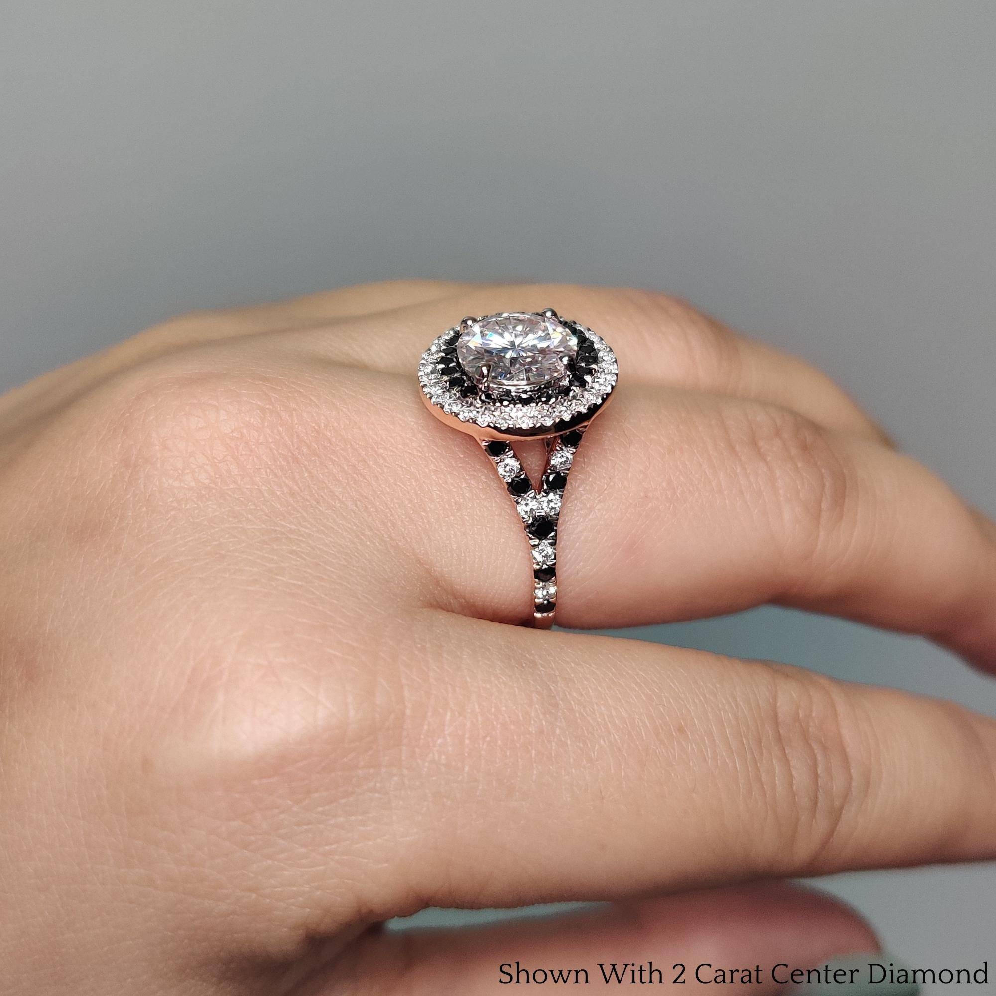 Round Lab Diamond Double Halo Ring with 14K Yellow Gold Black Diamond
