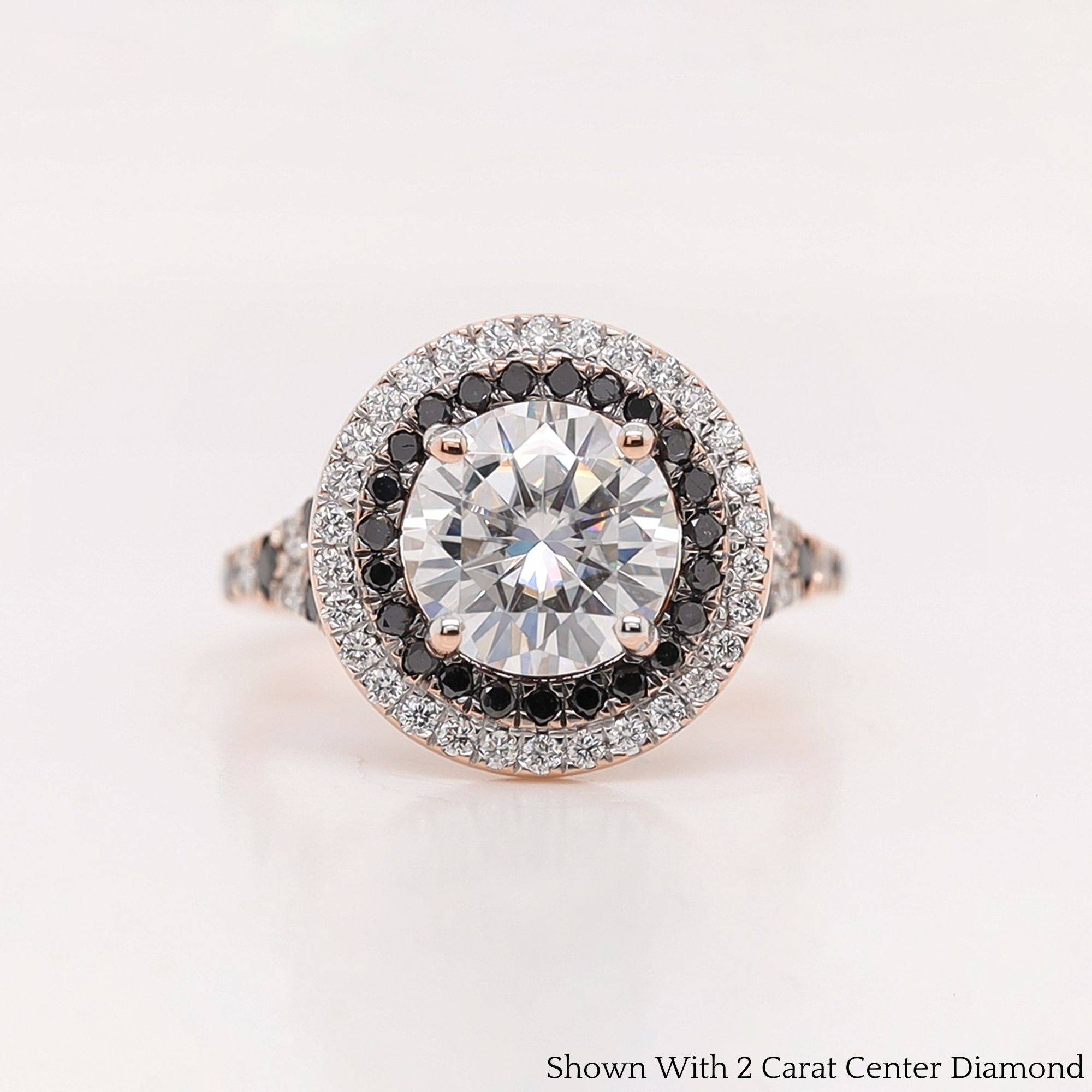Round Lab Diamond Double Halo Ring with 14K Yellow Gold Black Diamond