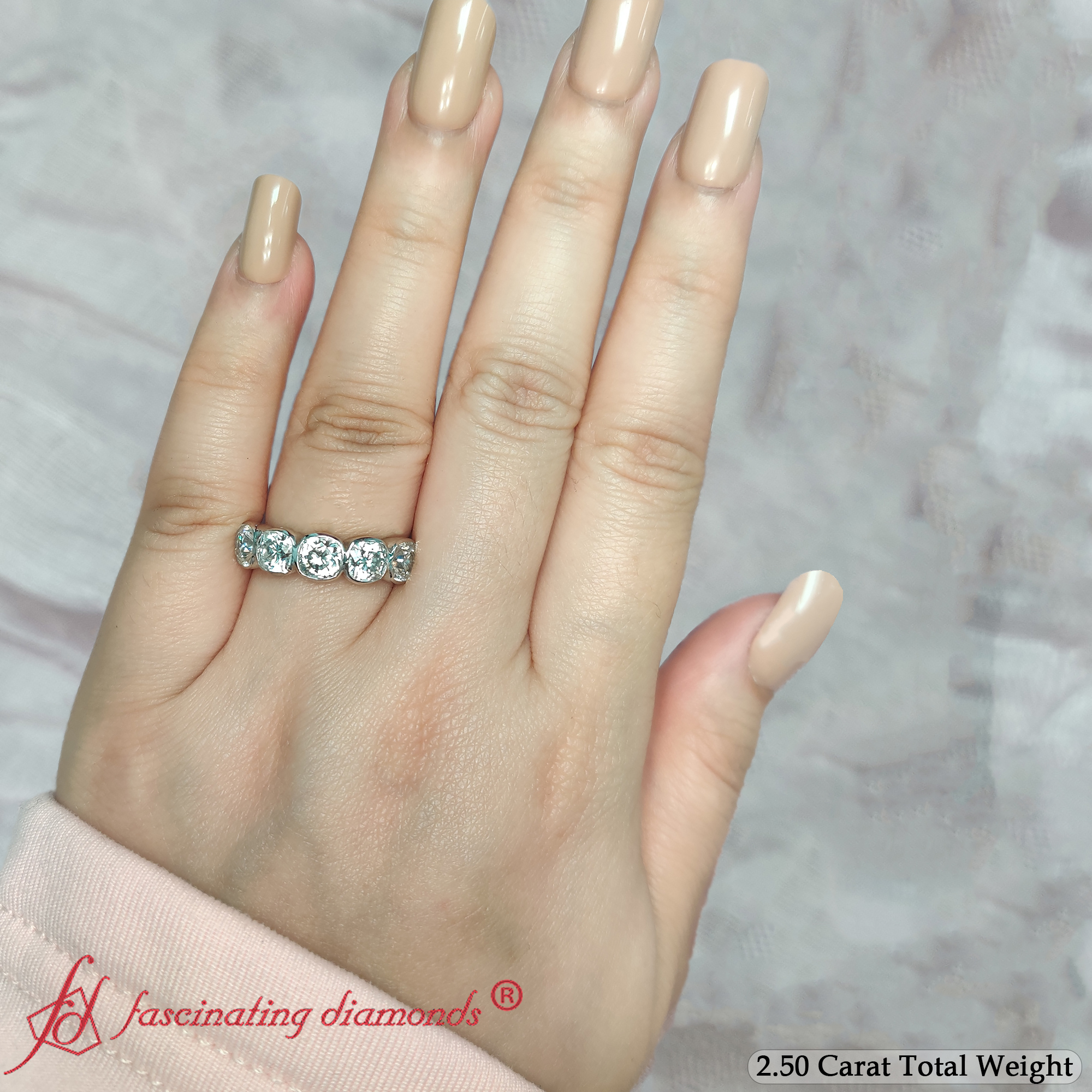 2.50 Ct. Cushion Diamond 5 Stone Ring with 14K White Gold White Diamond