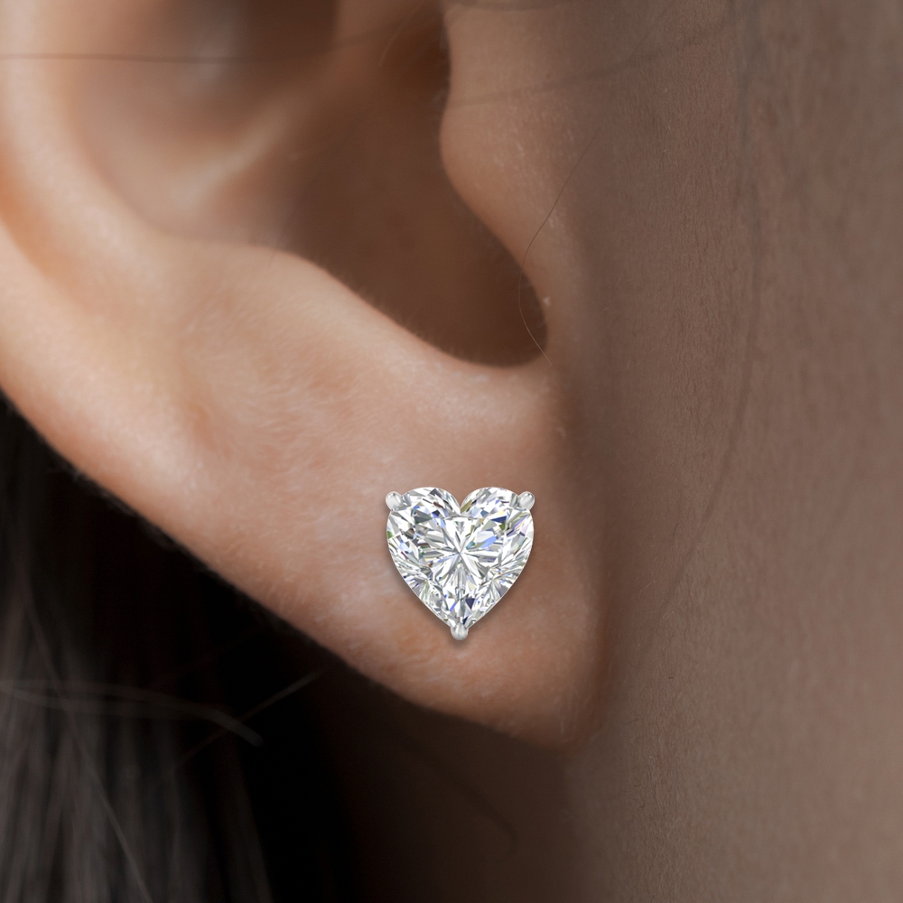 Three Carat Heart Shaped 3 Prong Basket Stud Earring In 14K White Gold   Fascinating Diamonds