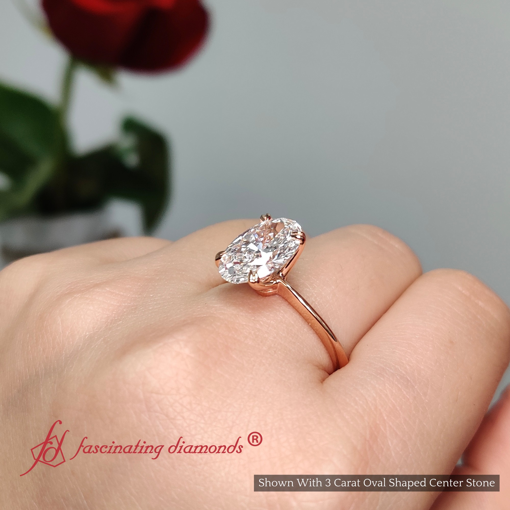 3 Carat Oval Shaped Lab Diamond Solitaire Ring with 18K Rose Gold Lab Grown Diamond