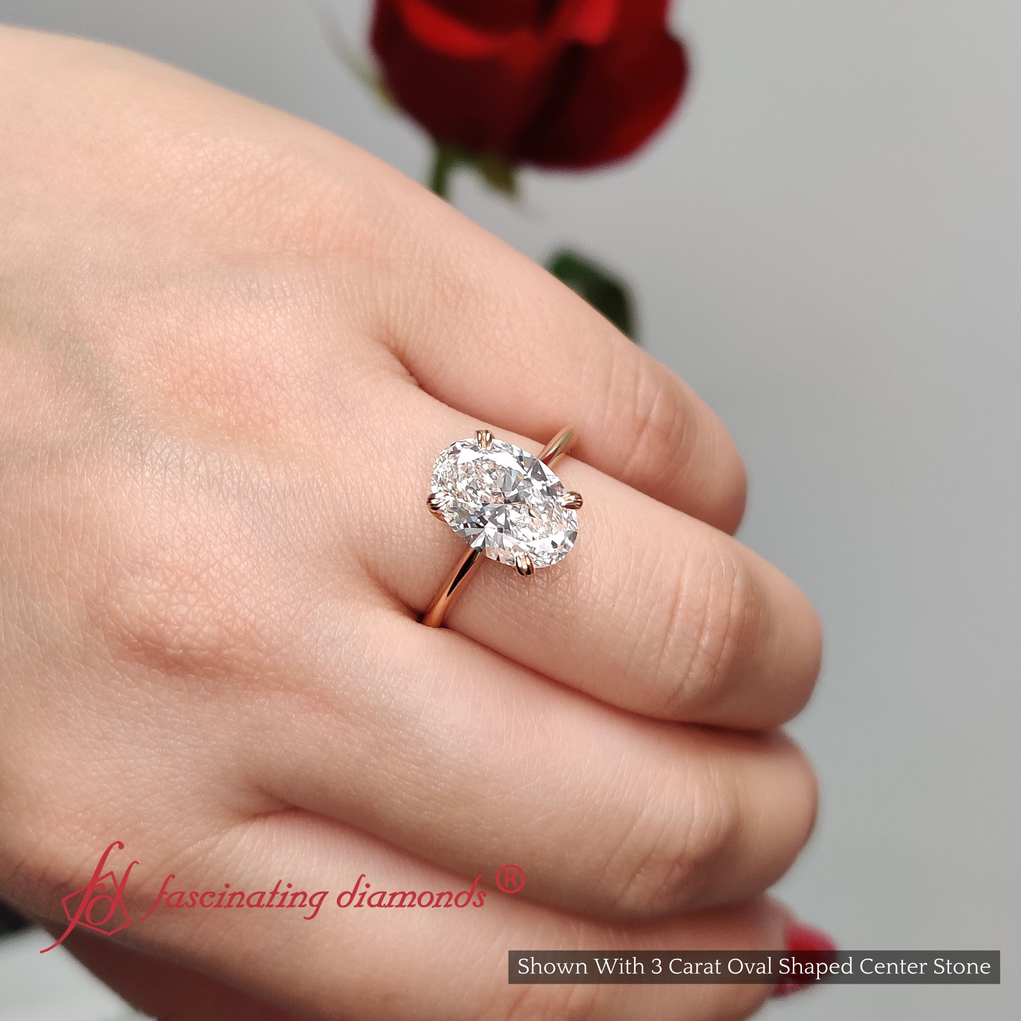 3 Carat Oval Shaped Lab Diamond Solitaire Ring with 18K Rose Gold Lab Grown Diamond