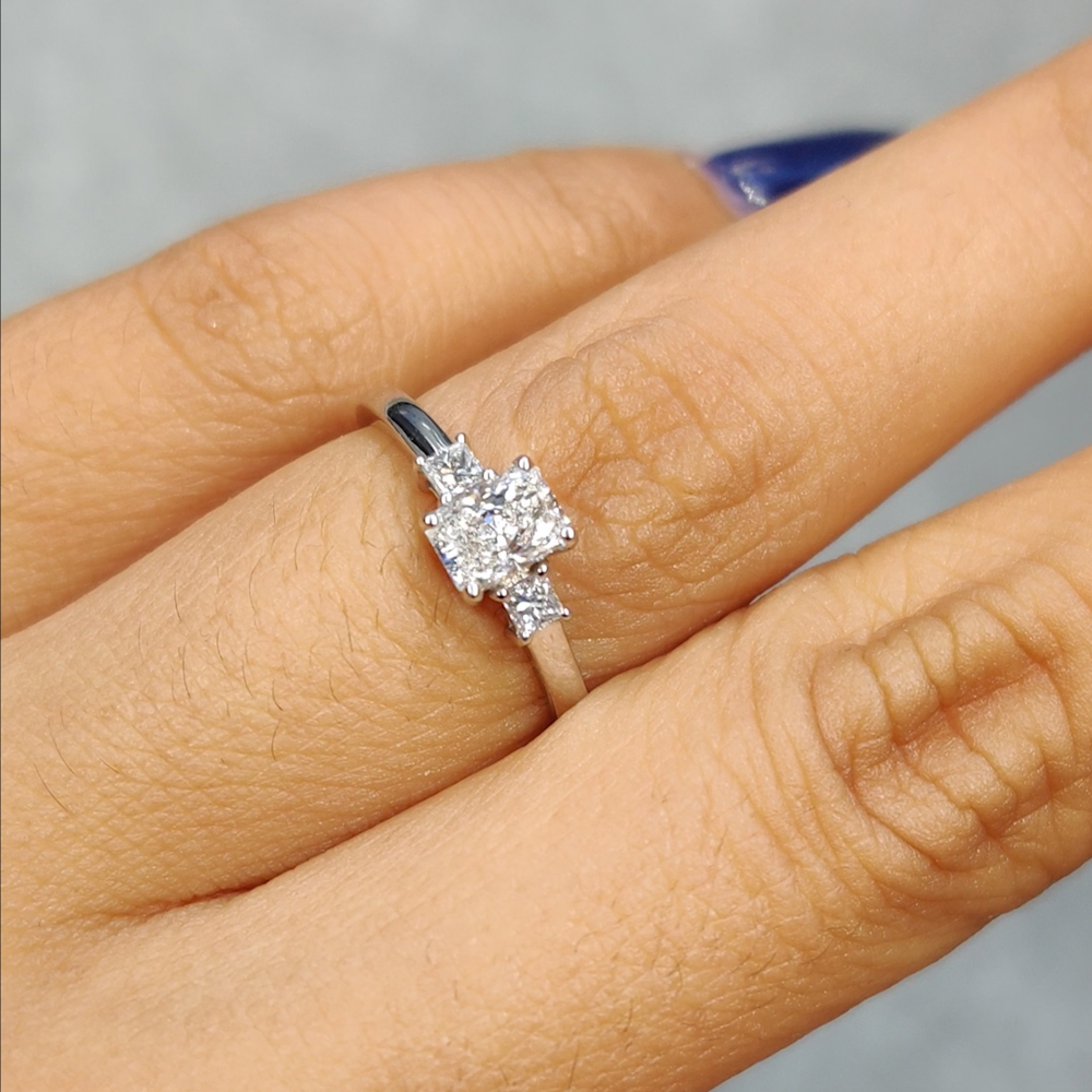 Radiant Shaped Basket Prong Petite 3 Stone Ring with White Diamond in 18K White Gold
