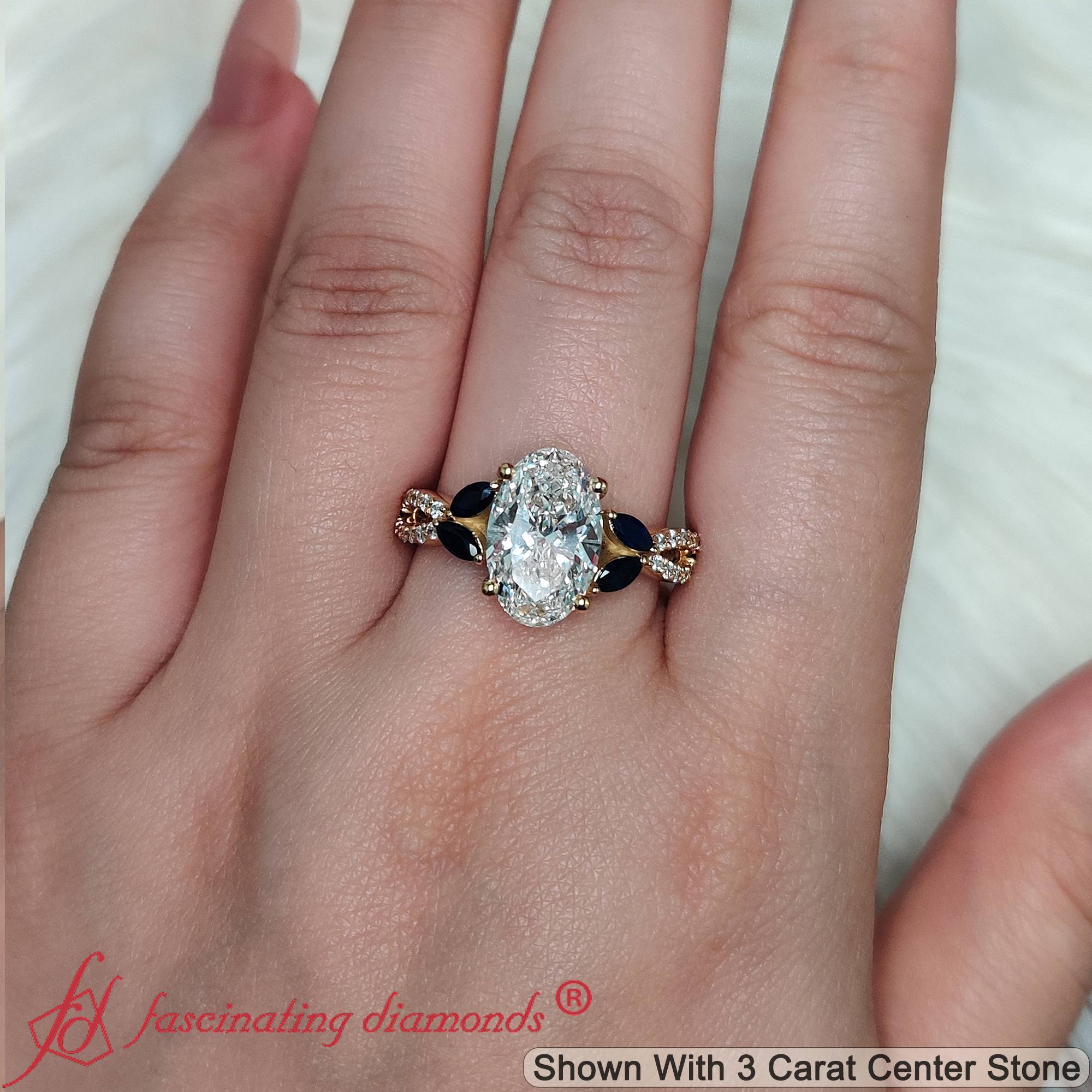 3 Carat Oval Lab Diamond Twisted Vine Engagement Ring with 18K Yellow Gold Blue Sapphire