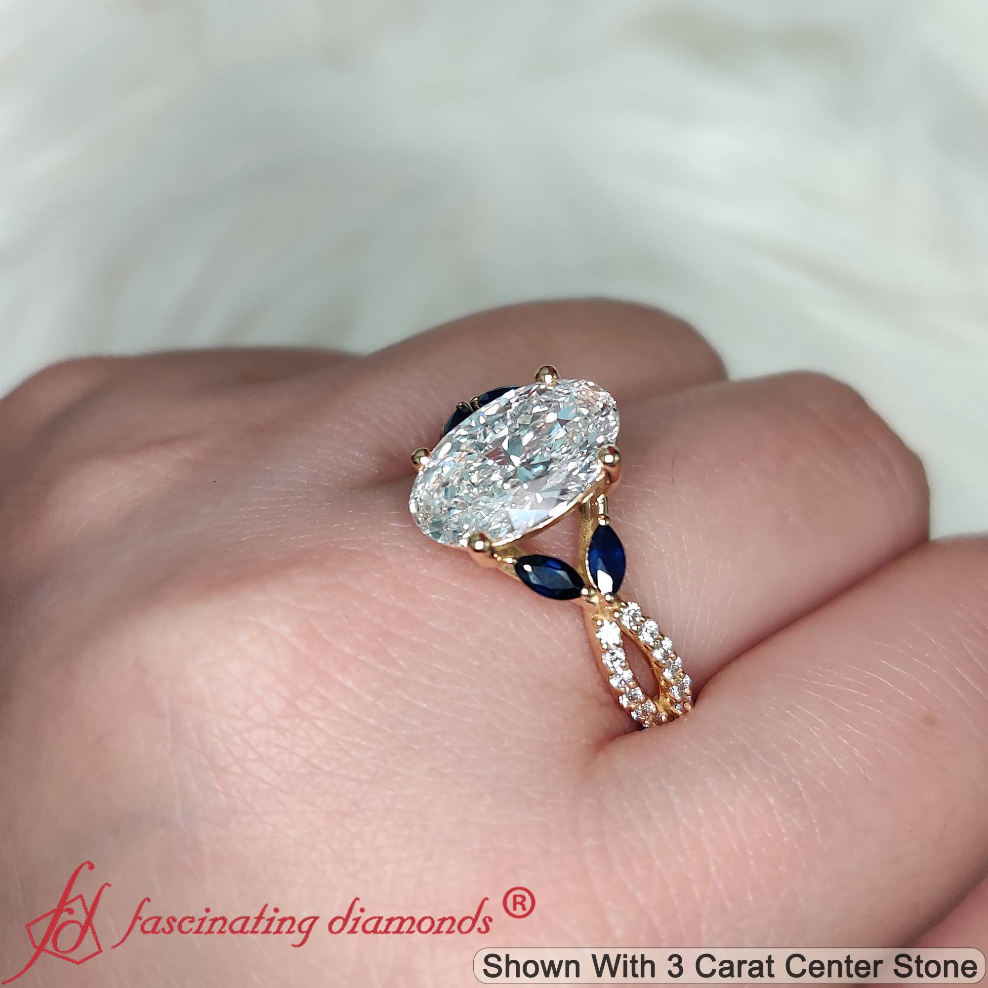 3 Carat Oval Lab Diamond Twisted Vine Engagement Ring with 18K Yellow Gold Blue Sapphire