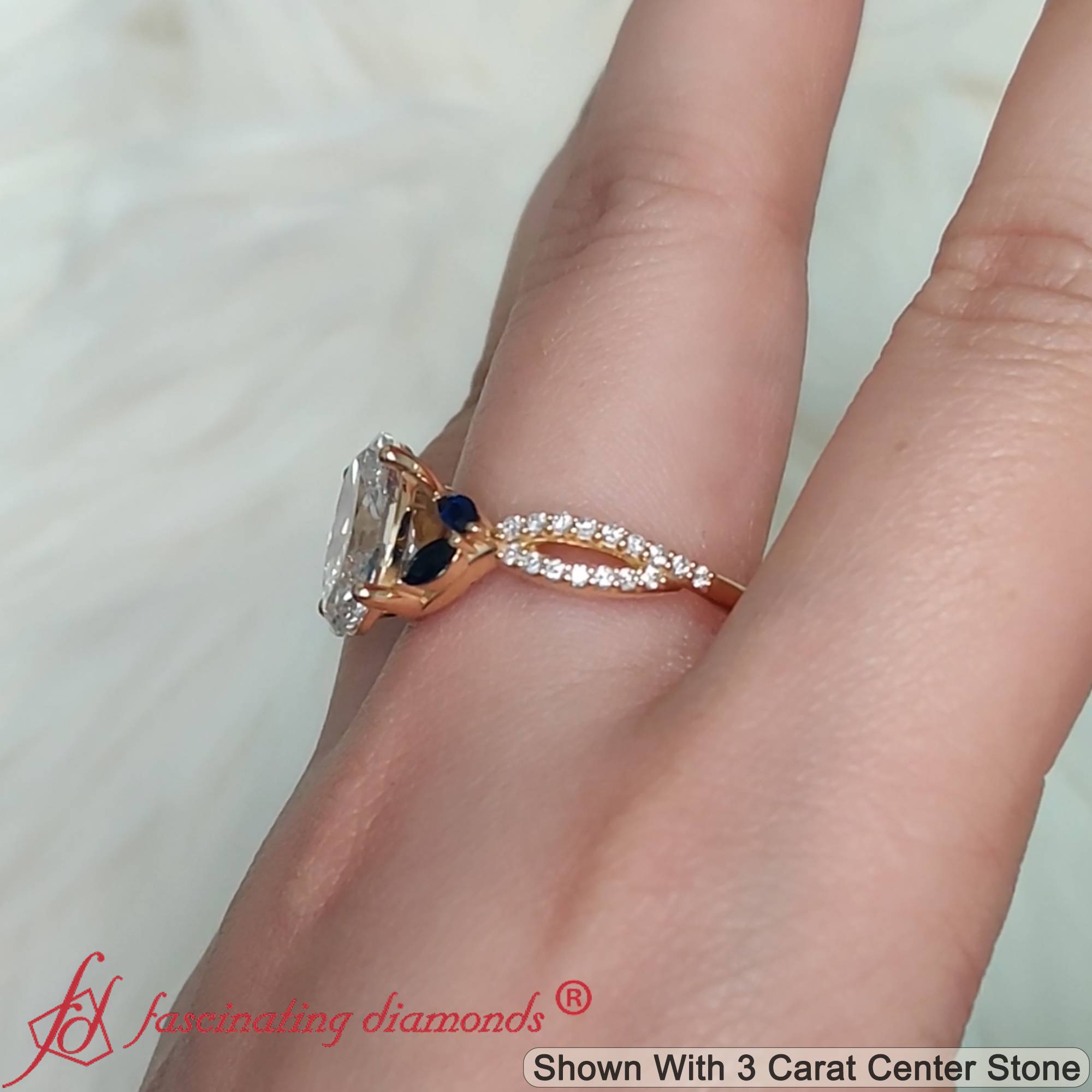 3 Carat Oval Lab Diamond Twisted Vine Engagement Ring with 18K Yellow Gold Blue Sapphire