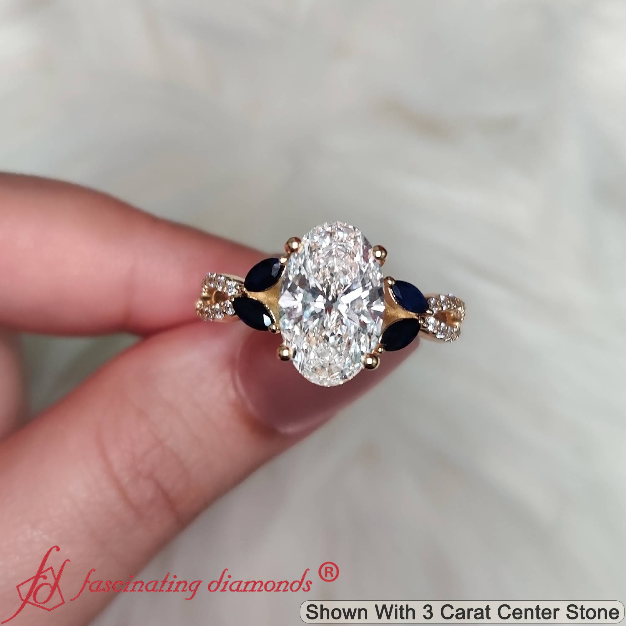 3 Carat Oval Lab Diamond Twisted Vine Engagement Ring with 18K Yellow Gold Blue Sapphire