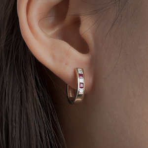 princess cut red ruby charismatic hoops earrings with white diamond in 14K yellow gold FDEAR1018GRUDR YG