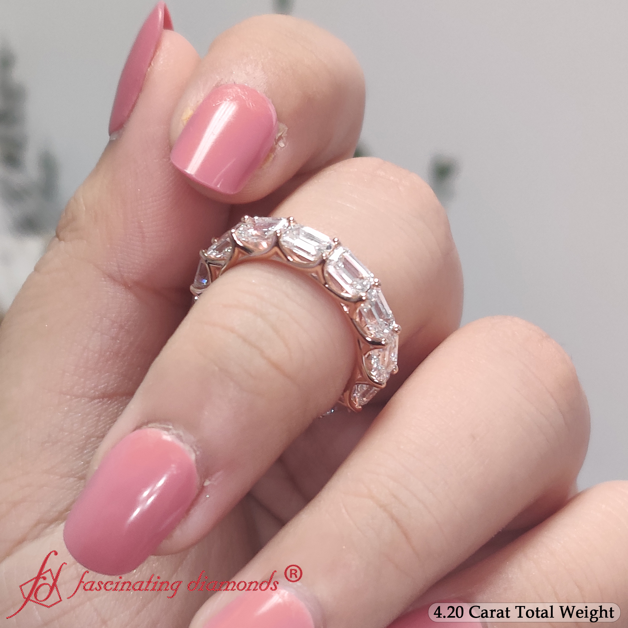 4.20 Ct. Diamond Trellis Eternity Ring with 14K Rose Gold White Diamond