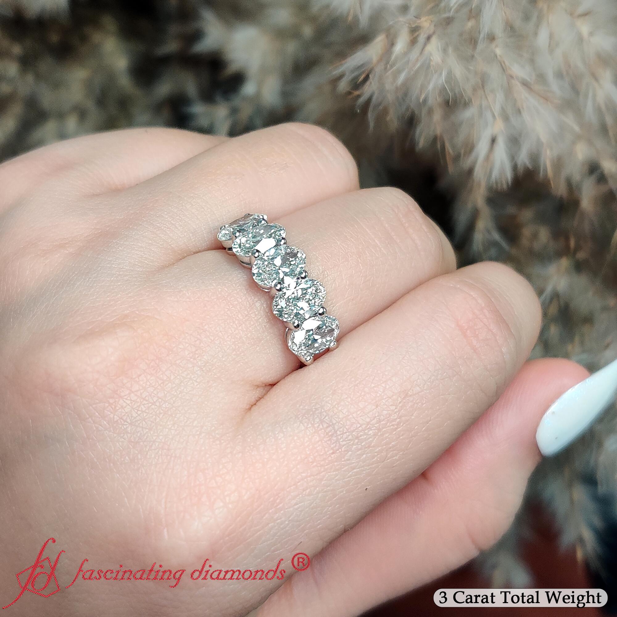 5 Stone Oval Wedding Band 3 Carat with 14K White Gold White Diamond