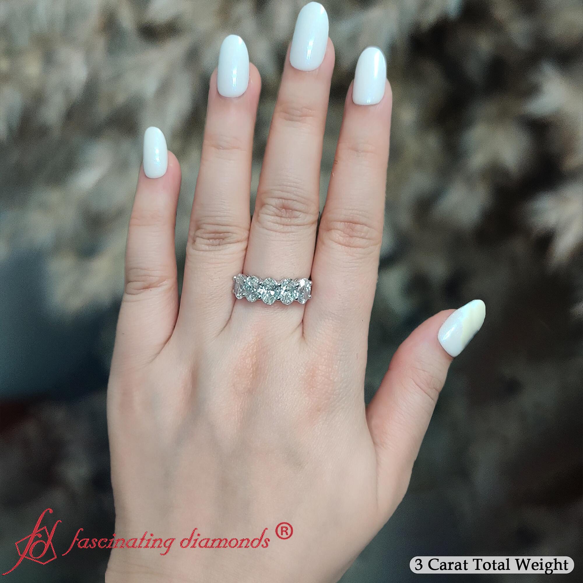 5 Stone Oval Wedding Band 3 Carat with 14K White Gold White Diamond