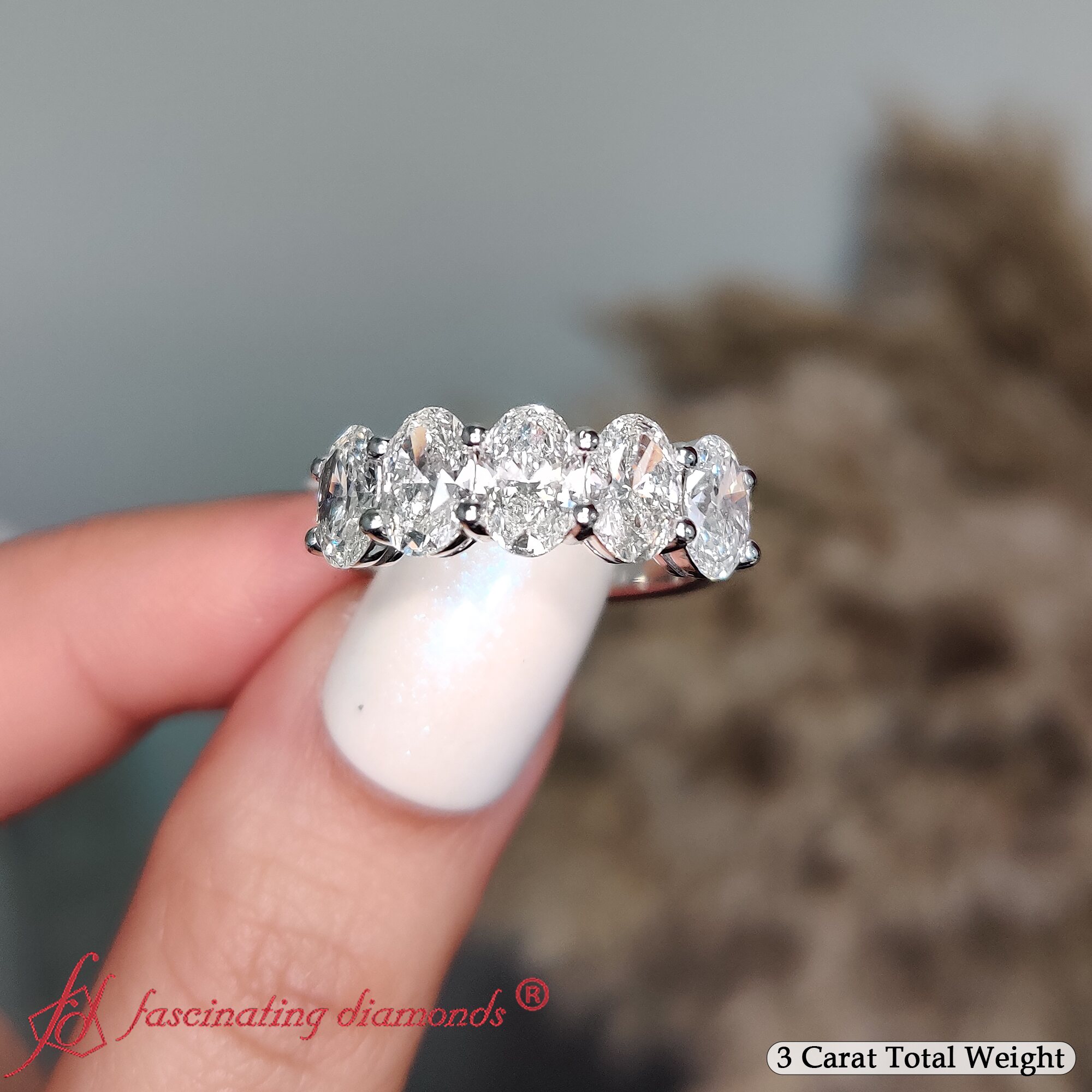 5 Stone Oval Wedding Band 3 Carat with 14K White Gold White Diamond