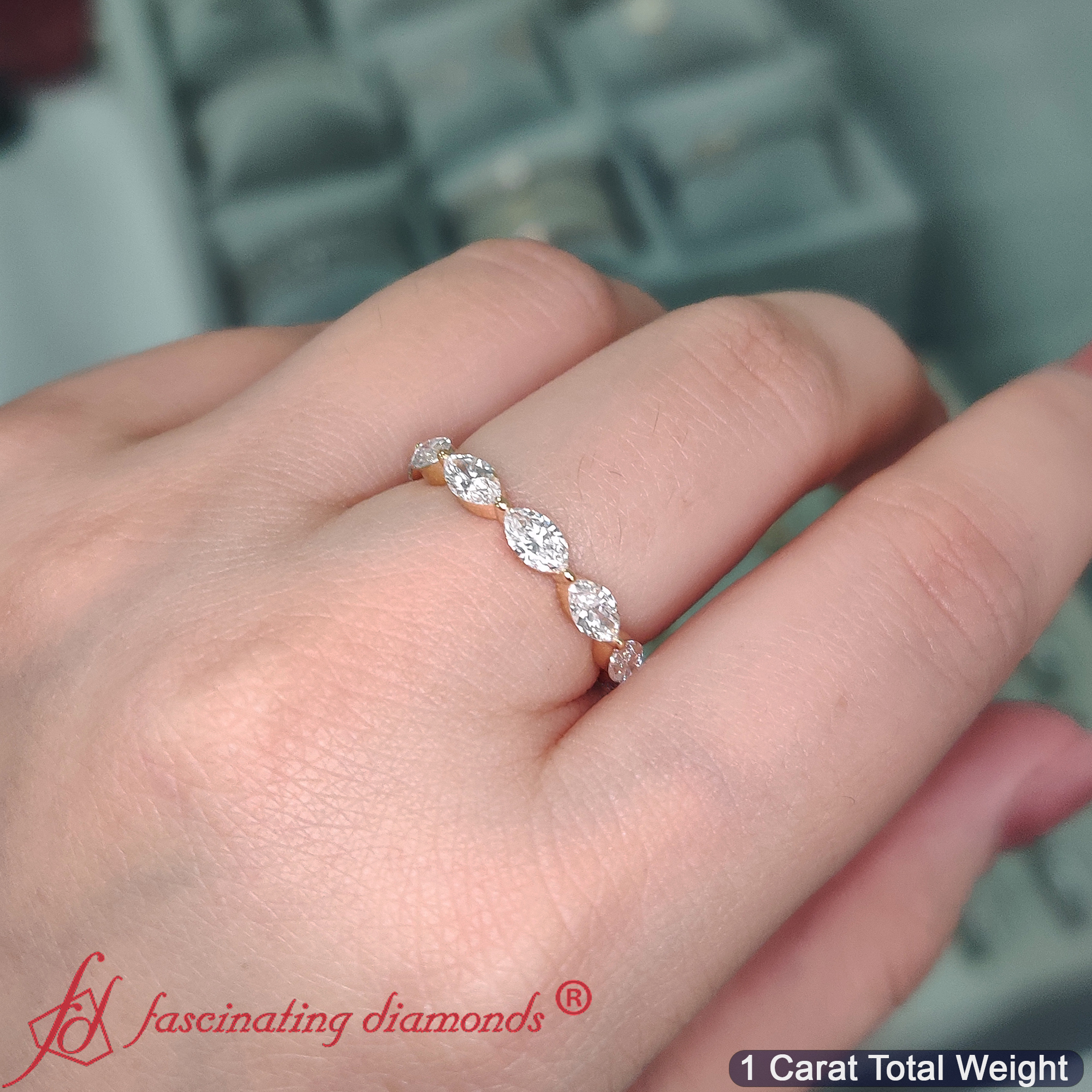 7 Stone Marquise East West 1 Carat Band with 18K Yellow Gold White Diamond