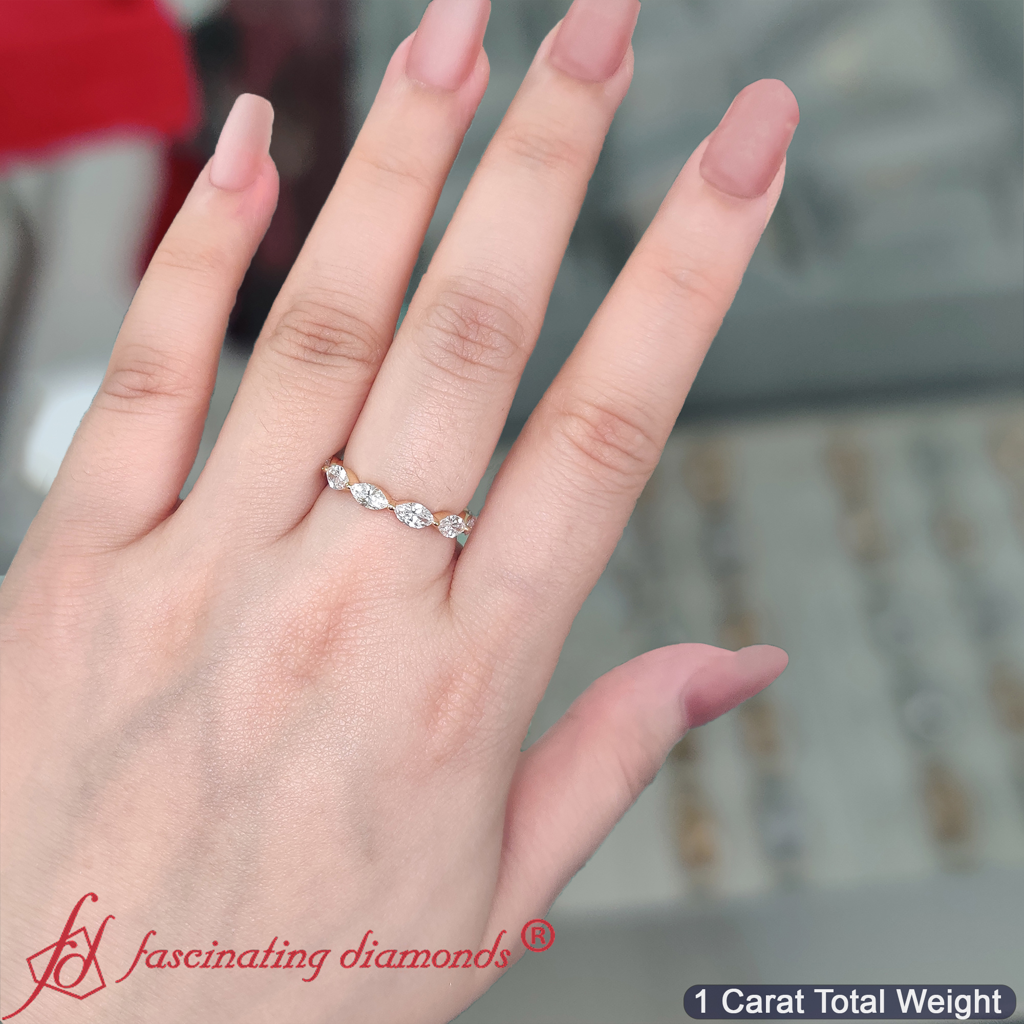 7 Stone Marquise East West 1 Carat Band with 18K Yellow Gold White Diamond
