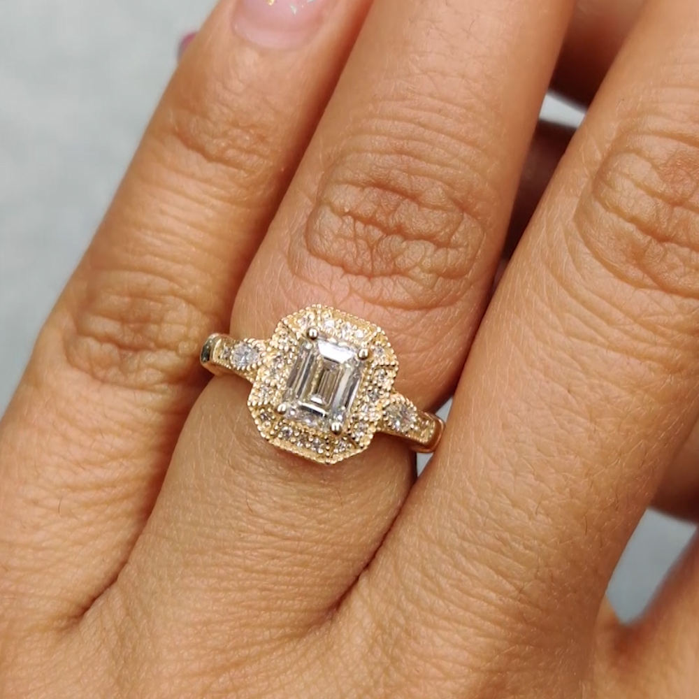 Art Deco Emerald Cut Diamond Engagement Ring In 14K Yellow Gold