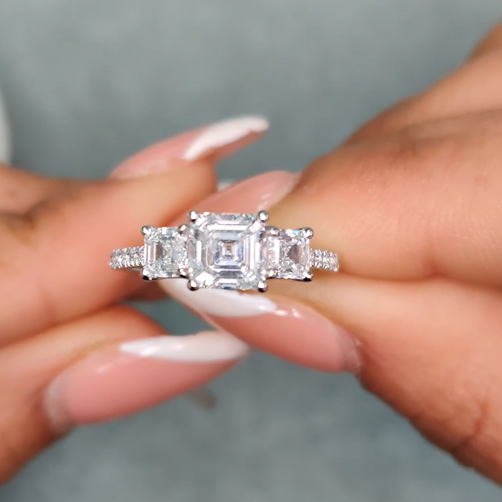 Asscher Shaped Asscher Cut 3 Stone Accented Ring with White Diamond in 950 Platinum