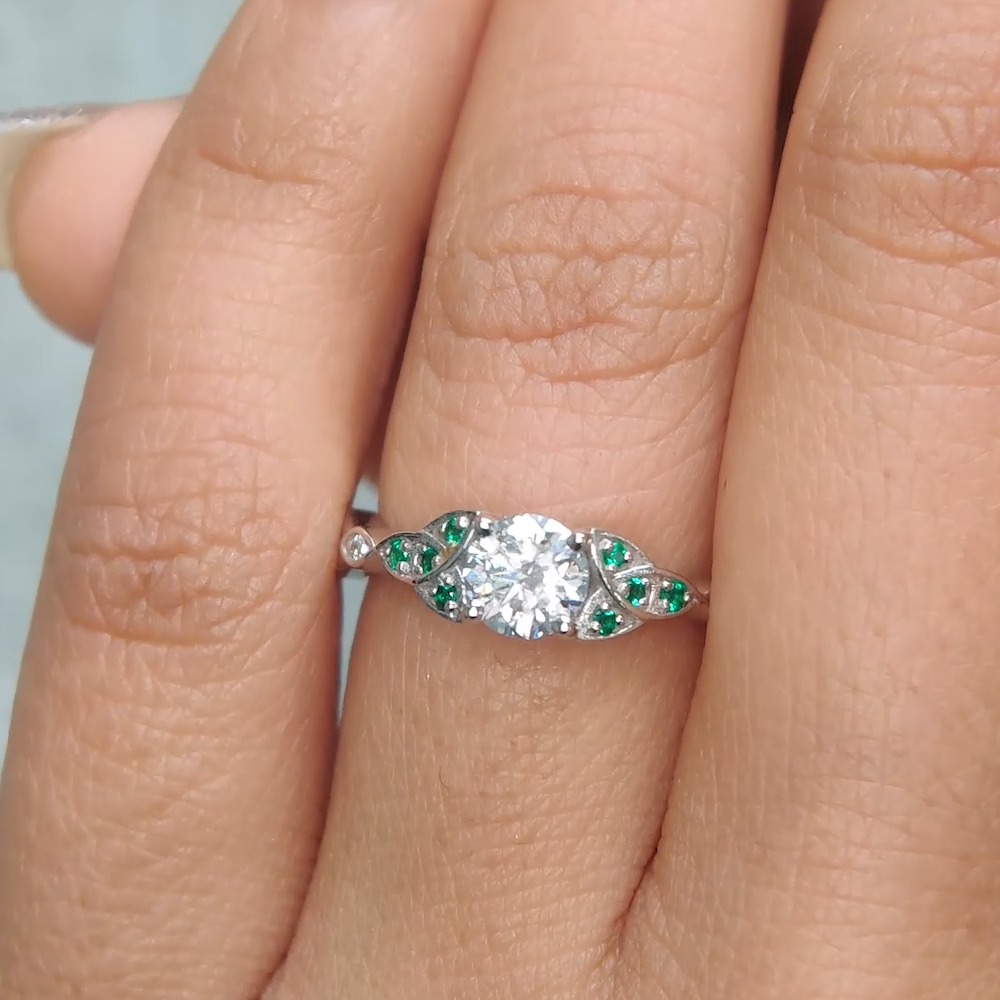 Celtic Knot Split Round Cut Lab Diamond Engagement Ring With Emerald In 18K White Gold