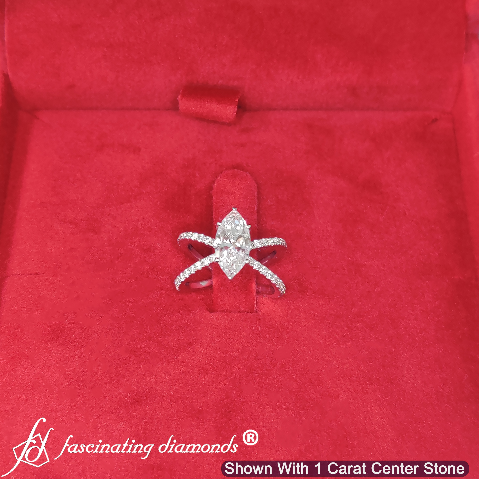 Marquise Shaped Cross Band Engagement Ring with White Diamond in 14K White Gold