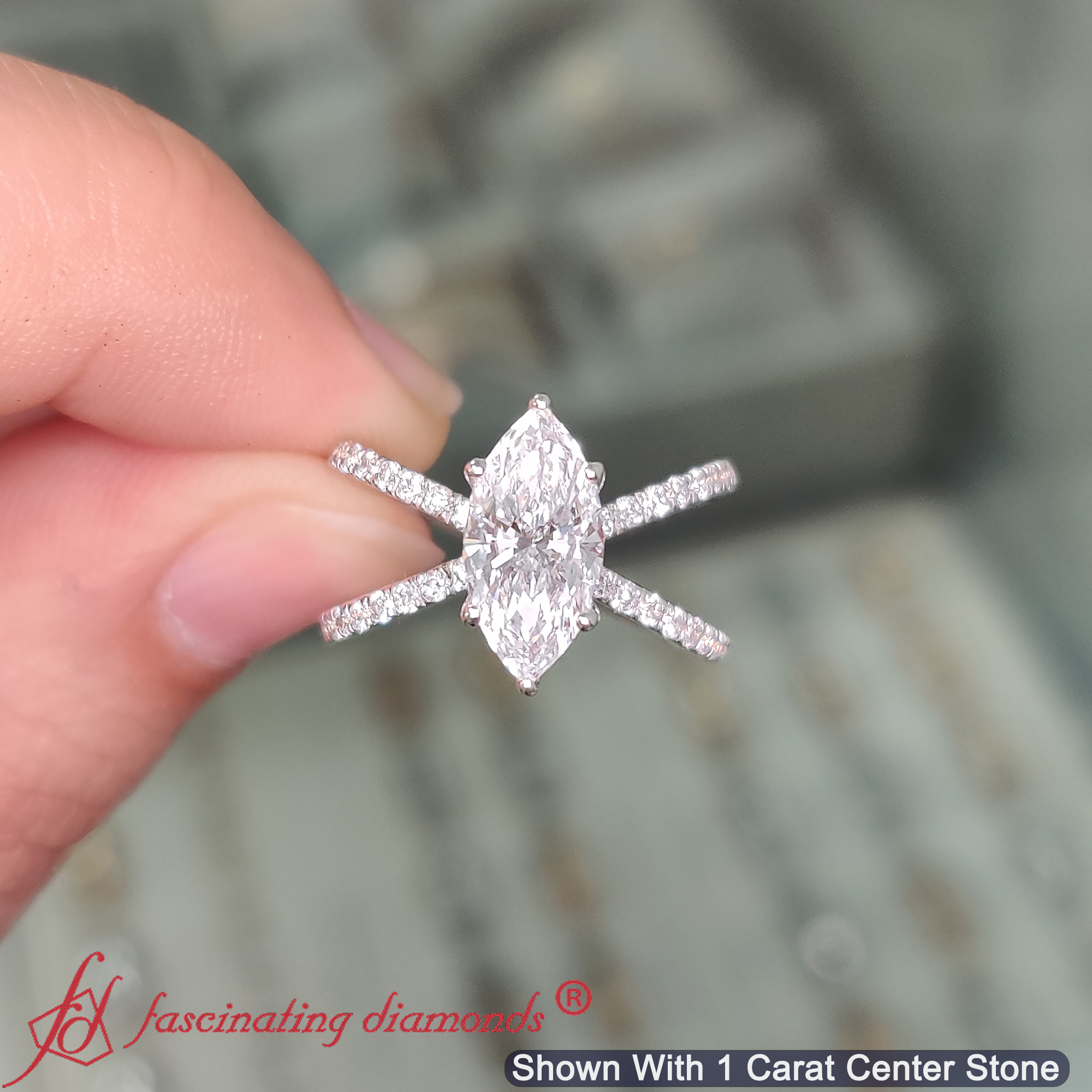 Marquise Shaped Cross Band Engagement Ring with White Diamond in 14K White Gold