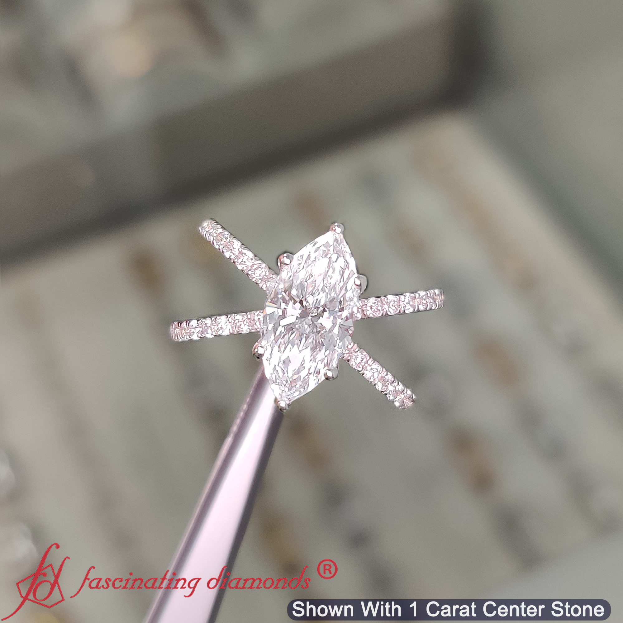Marquise Shaped Cross Band Engagement Ring with White Diamond in 14K White Gold