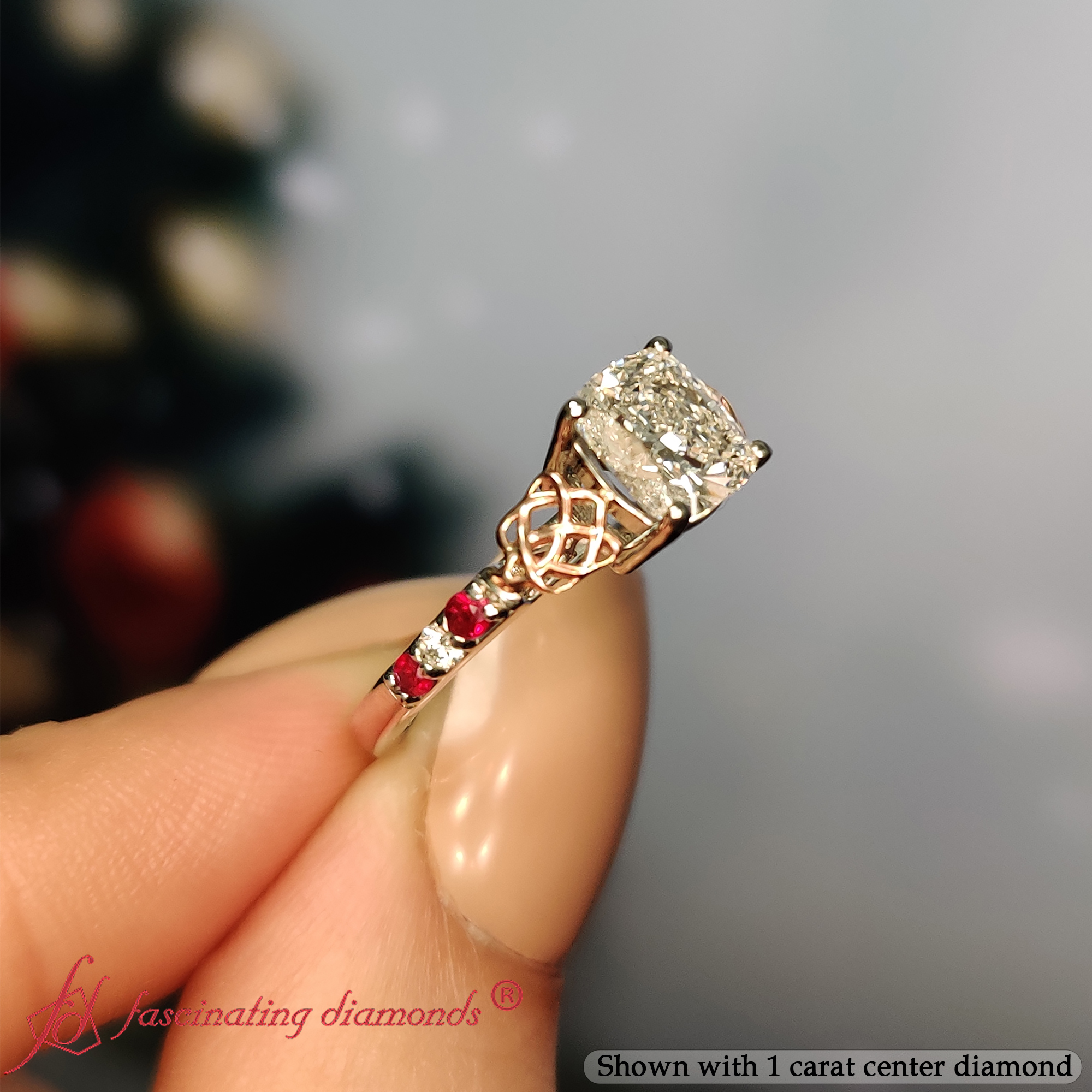 Cushion Shaped Celtic Two Tone Engagement Ring with Red Ruby in 950 Platinum