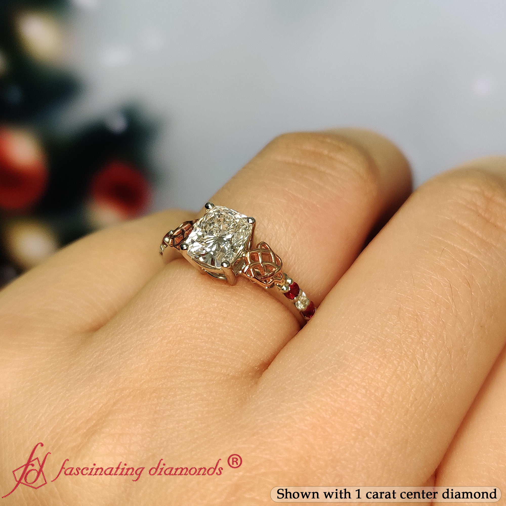 Cushion Shaped Celtic Two Tone Engagement Ring with Red Ruby in 950 Platinum