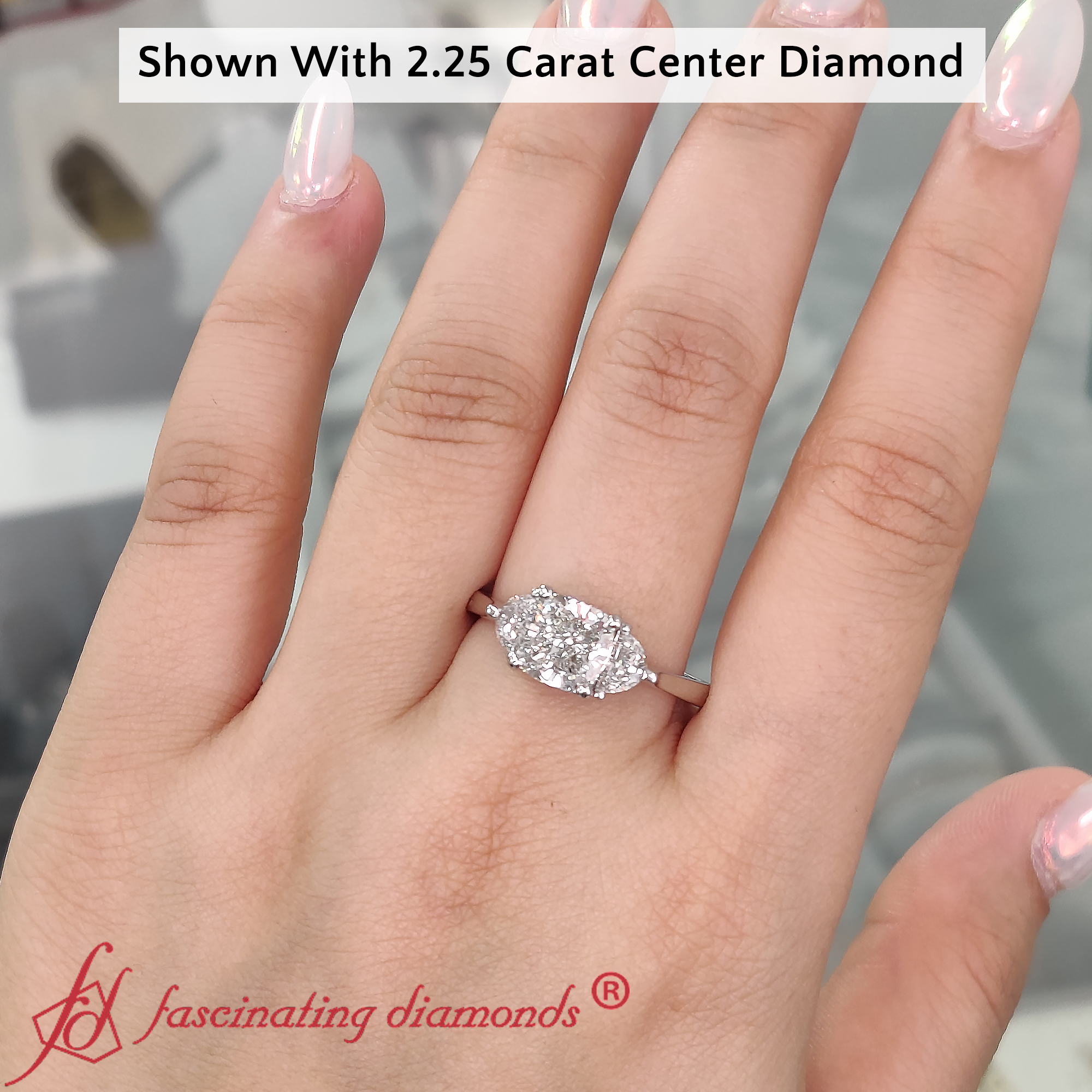 Cushion Shaped Half Moon 3 Stone Wedding Engagement Ring with White Diamond in 14K White Gold