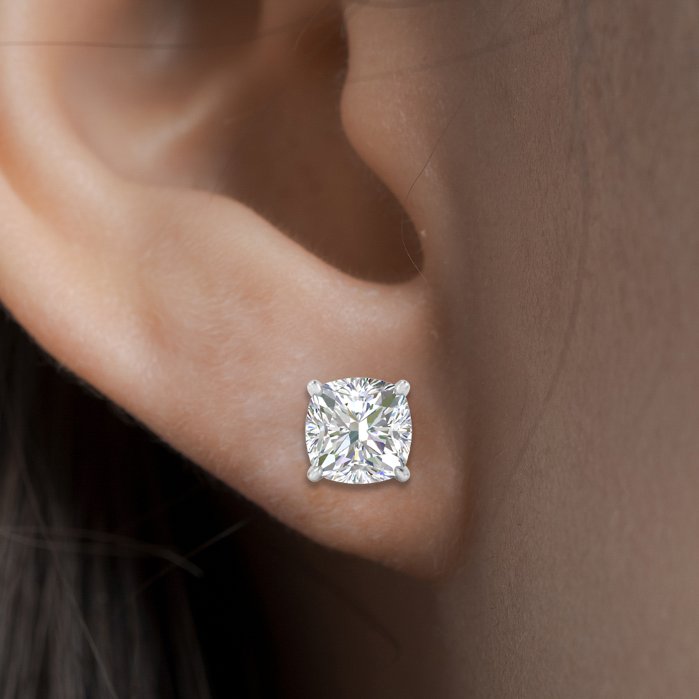 Cushion Diamond Basket Stud Earring 3 Carat with 14K White Gold White Diamond