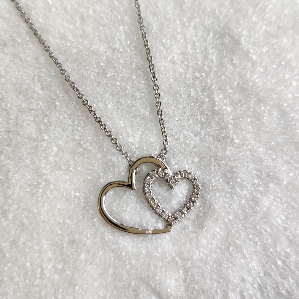 18k White Gold Double Heart Diamond Necklace - The Showroom On Union