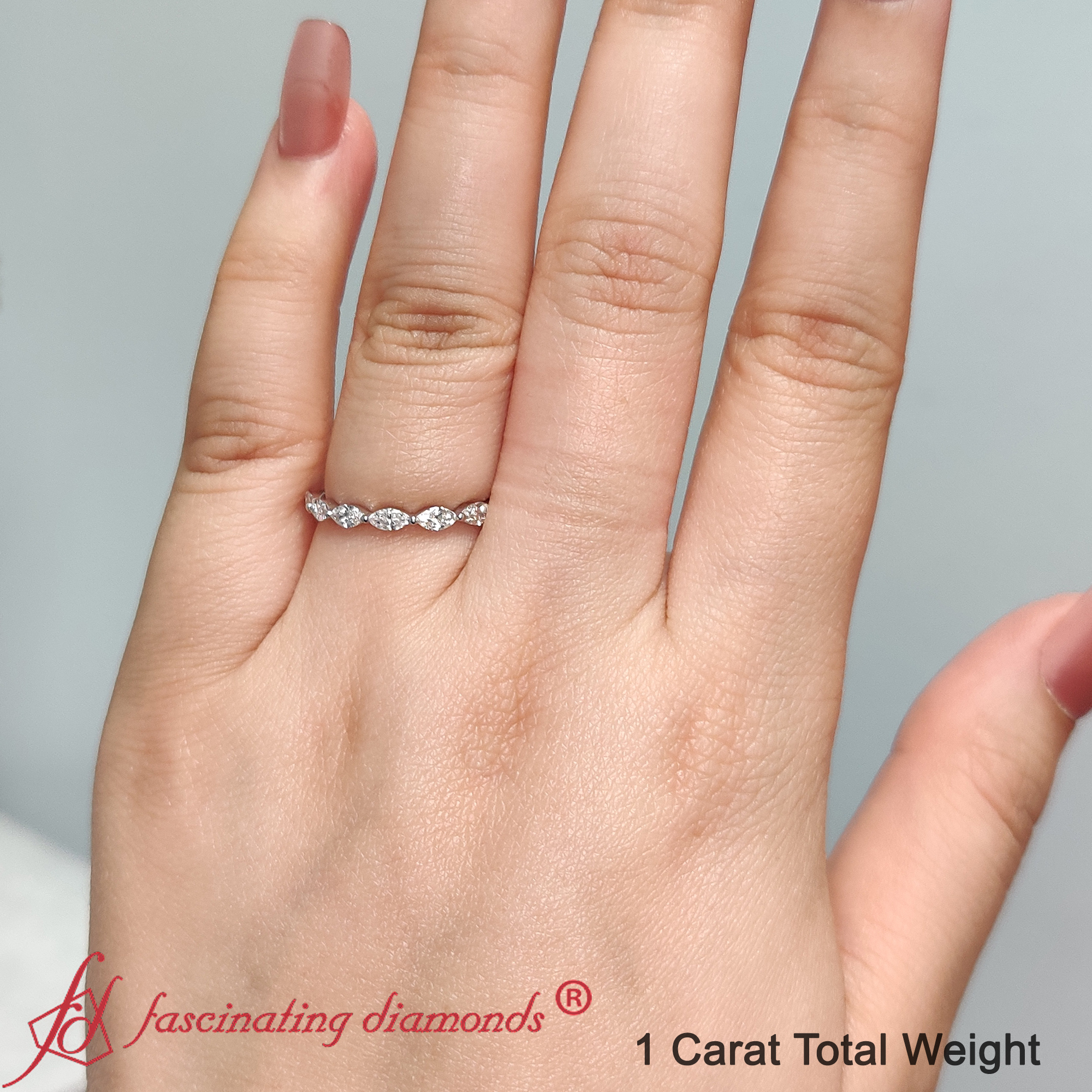 East West Marquise Cut Stacking Band with 14K White Gold White Diamond