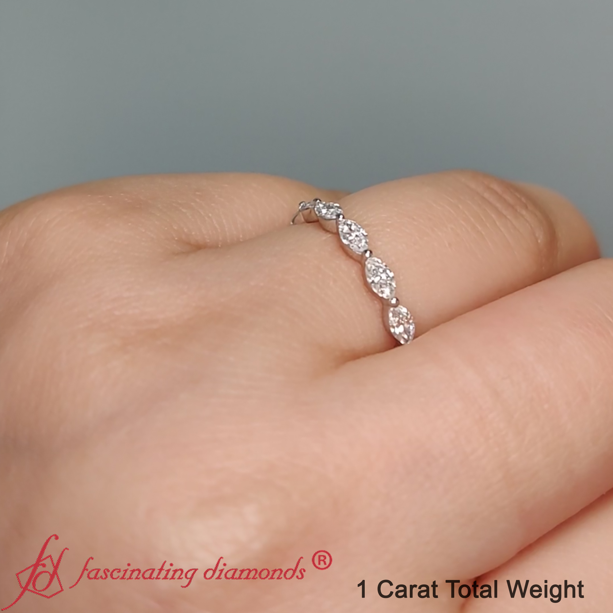 East West Marquise Cut Stacking Band with 14K White Gold White Diamond