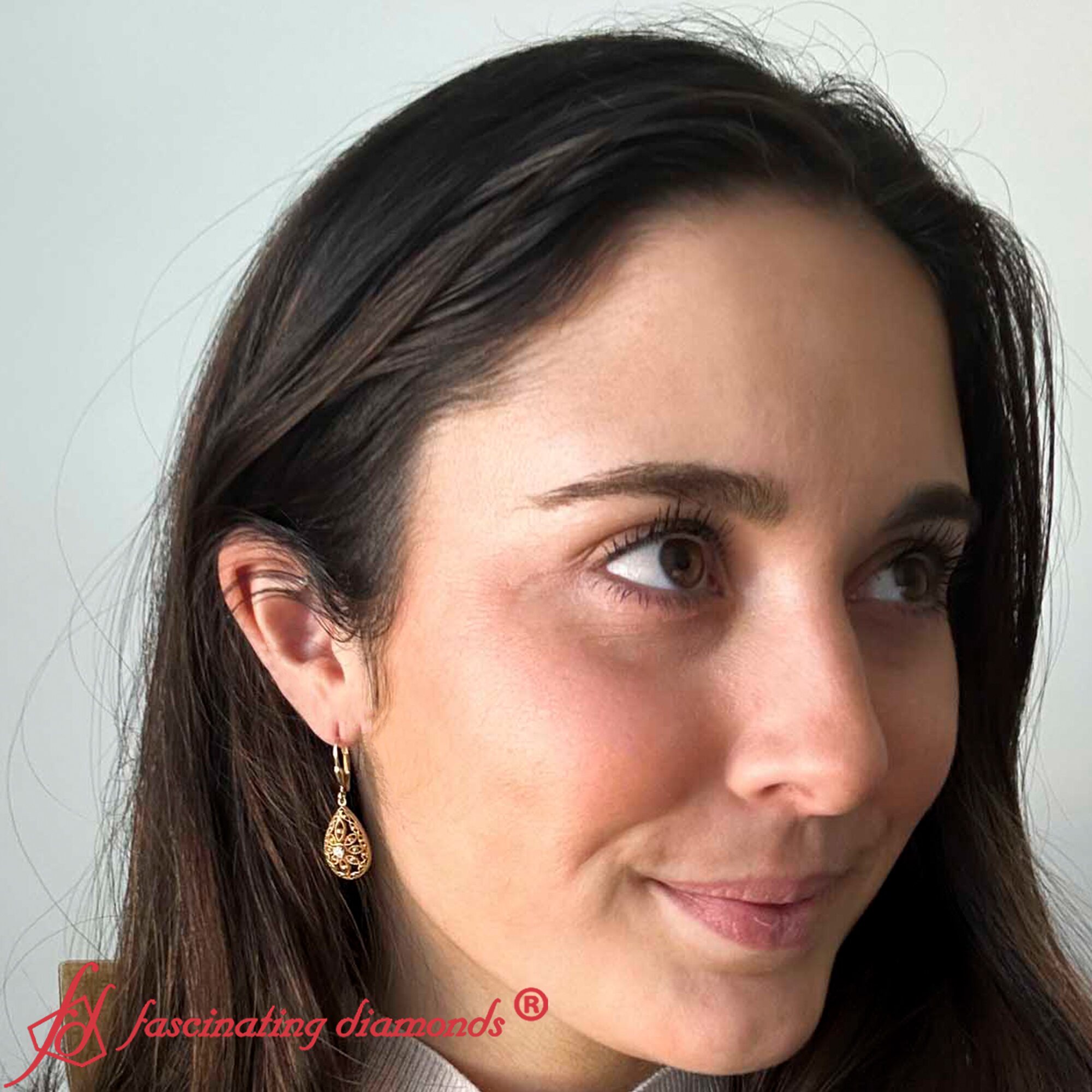 Filigree Diamond Openwork Teardrop Earrings with 14K Yellow Gold White Diamond