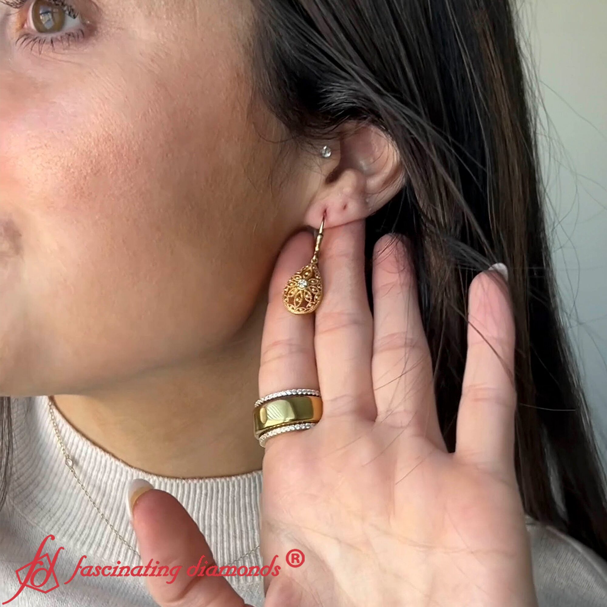 Filigree Diamond Openwork Teardrop Earrings with 14K Yellow Gold White Diamond