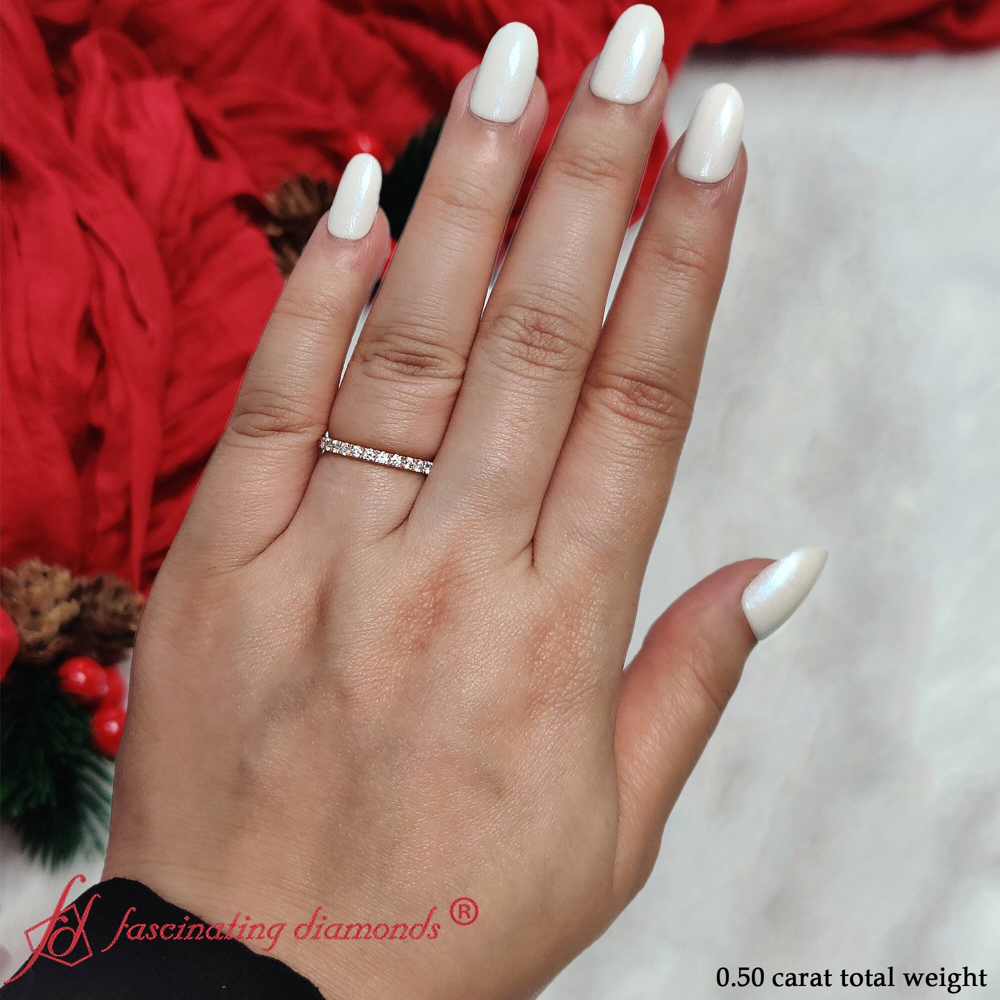 Round Delicate Stackable Wedding Band with 14K Yellow Gold White Diamond