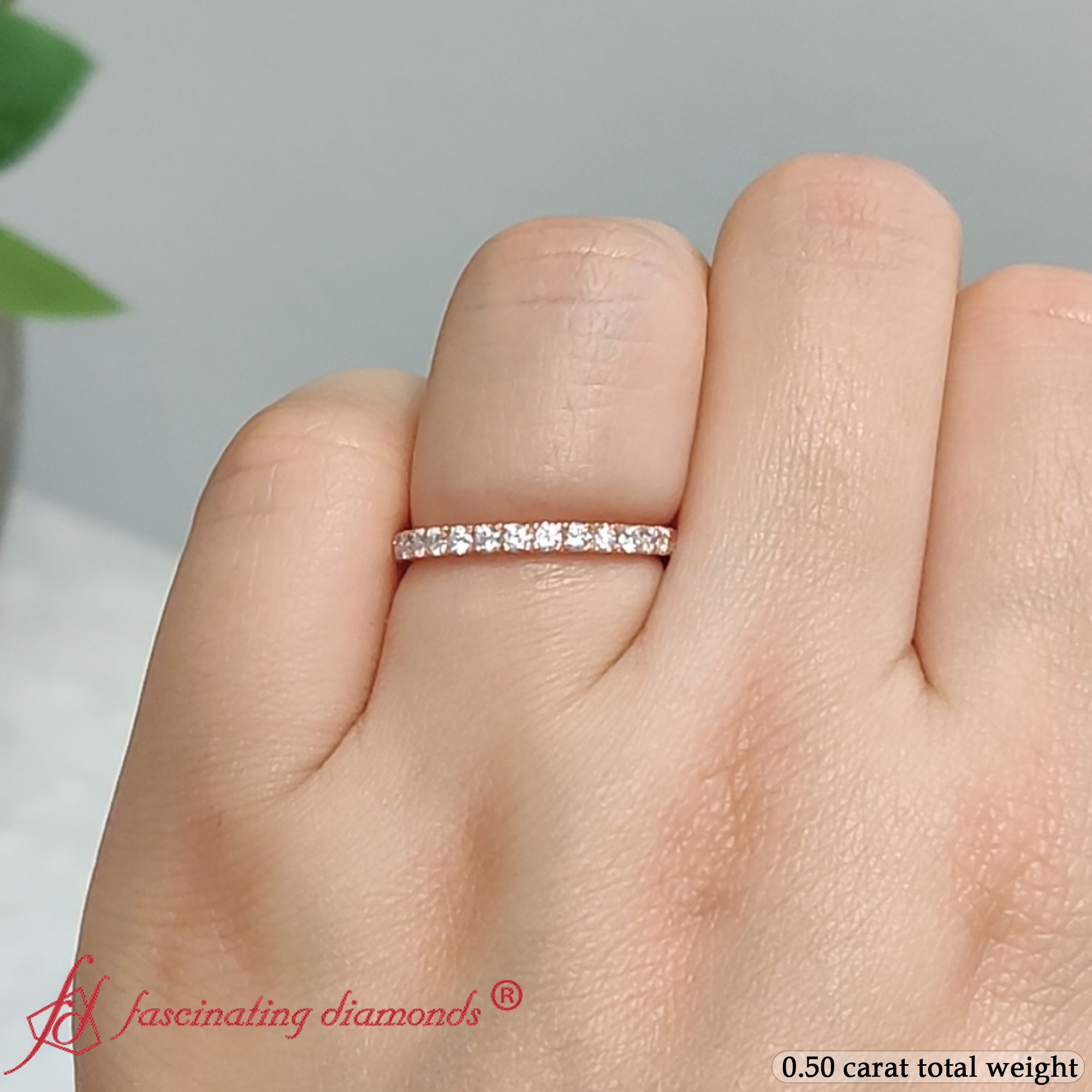 Round Delicate Stackable Wedding Band with 14K Yellow Gold White Diamond