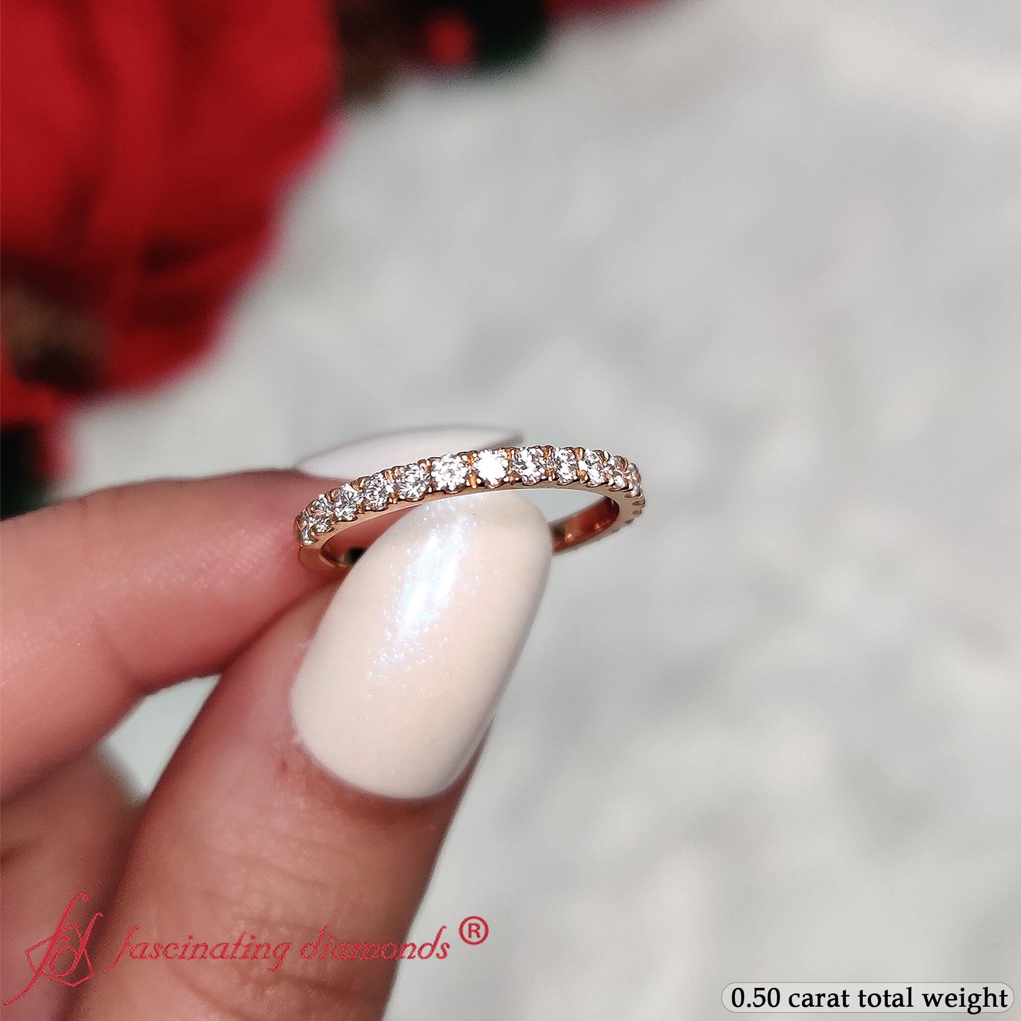 Round Delicate Stackable Wedding Band with 14K Yellow Gold White Diamond
