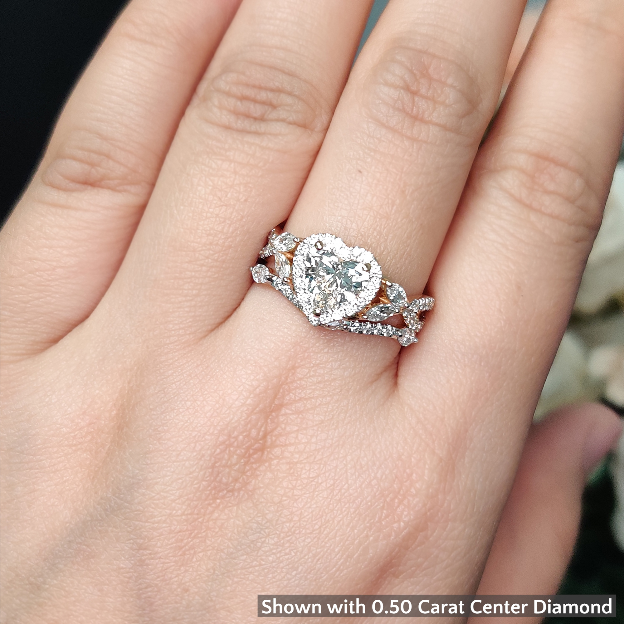 Heart Shaped Heart Halo Bridal Ring Set with White Diamond in 14K Yellow Gold