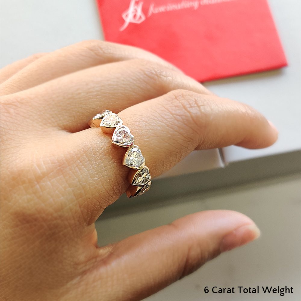 6 Carat Heart Shaped Moissanite Bezel Set Eternity Ring Rose Gold Fascinating Diamonds