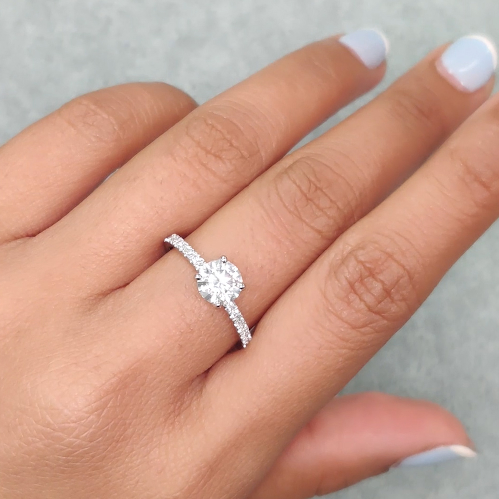 Hidden Halo Petite Round Cut Diamond Engagement Ring In 14K White Gold